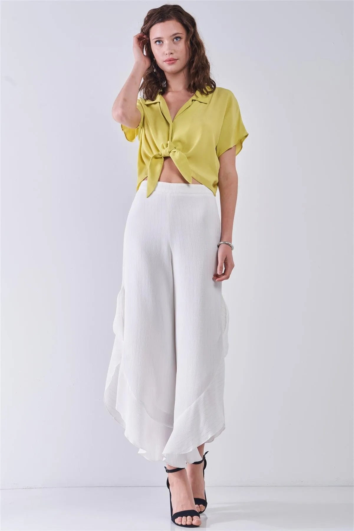 Pineapple Collared Short Sleeve Self-Tie Front Cropped Top - Tasha Apparel Wholesale