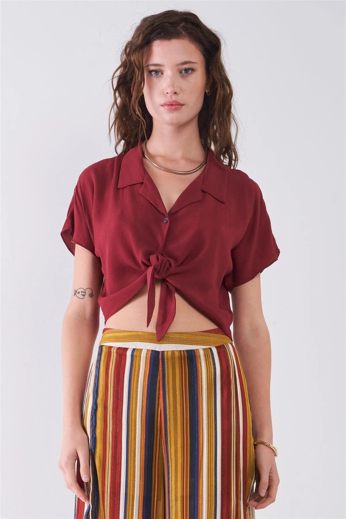 Rust Collared Short Sleeve Self-Tie Front Cropped Top /2-2-1 - Tasha Apparel Wholesale