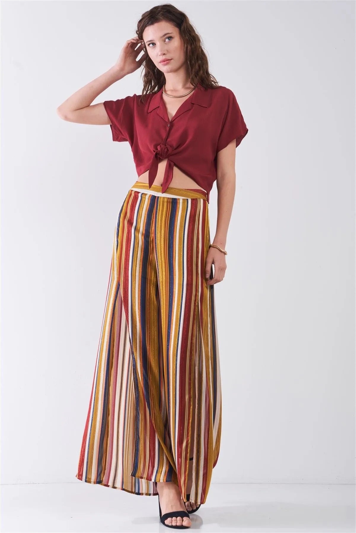 Rust Collared Short Sleeve Self-Tie Front Cropped Top /3-2-1 - Tasha Apparel Wholesale