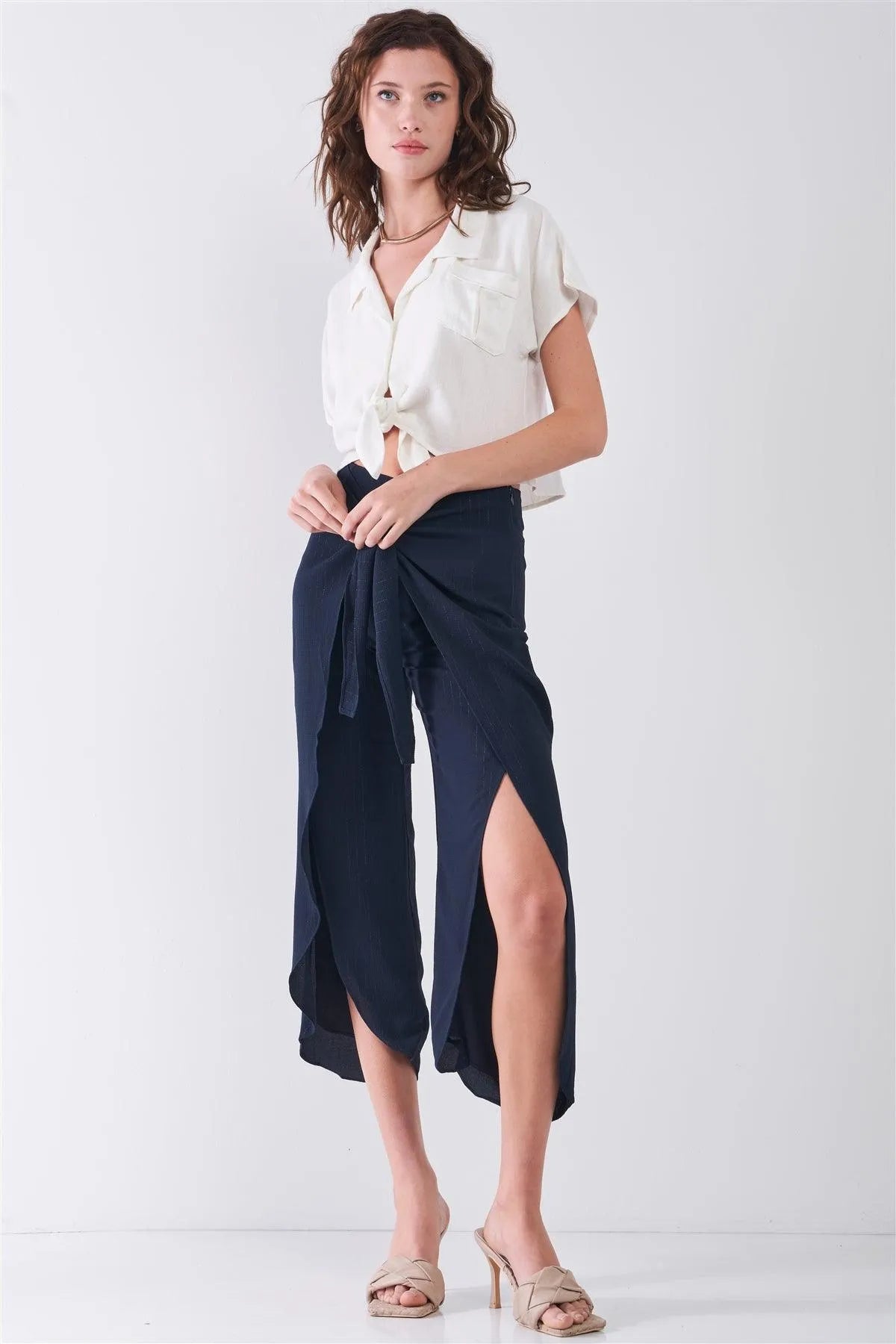 White Collared Short Sleeve Self-Tie Front Cropped Top /3-2-1 - Tasha Apparel Wholesale