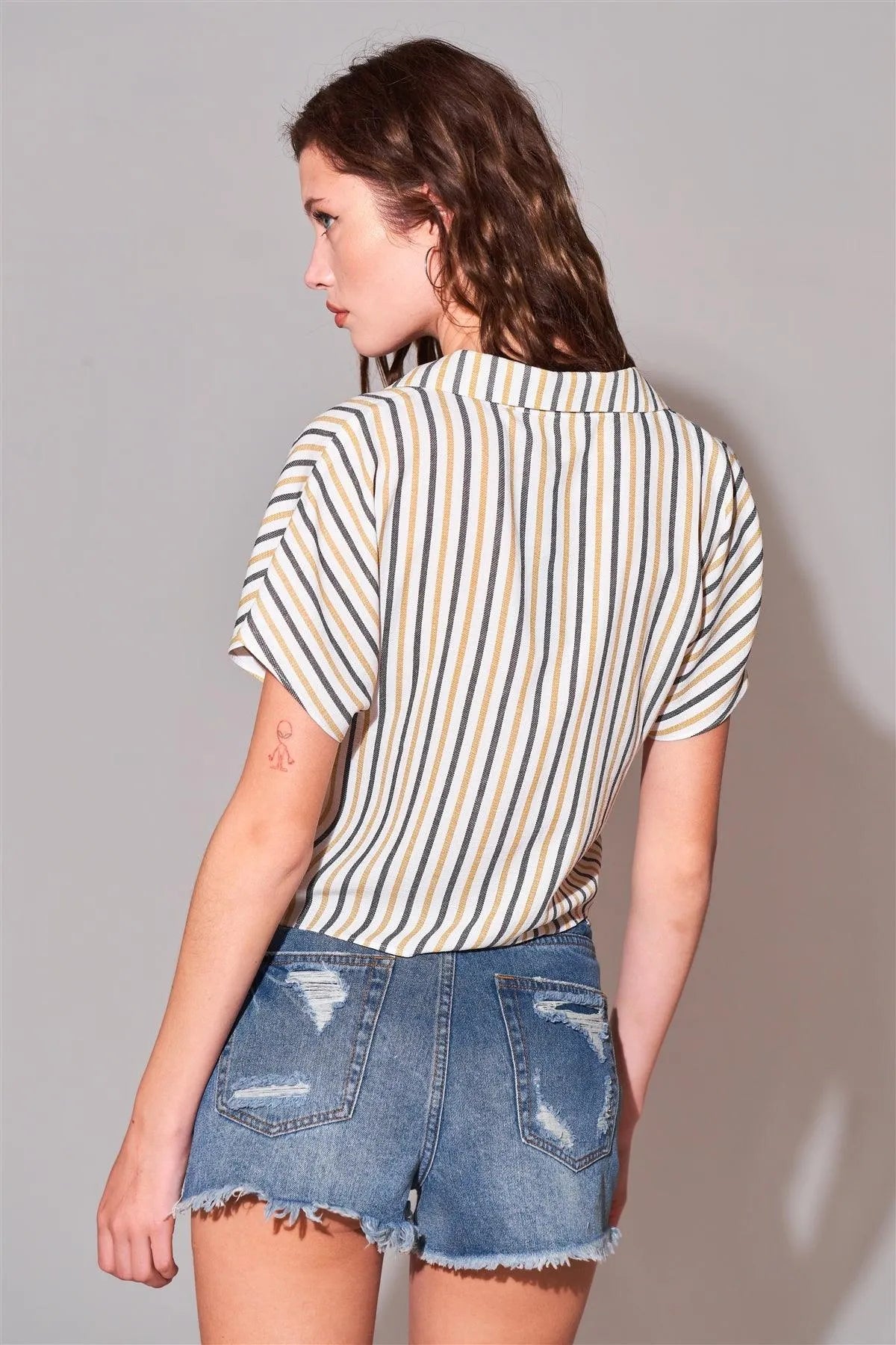 Ivory & Mustard Striped Collared Short Sleeve Self-Tie Front Cropped Top /1-3-2 - Tasha Apparel Wholesale