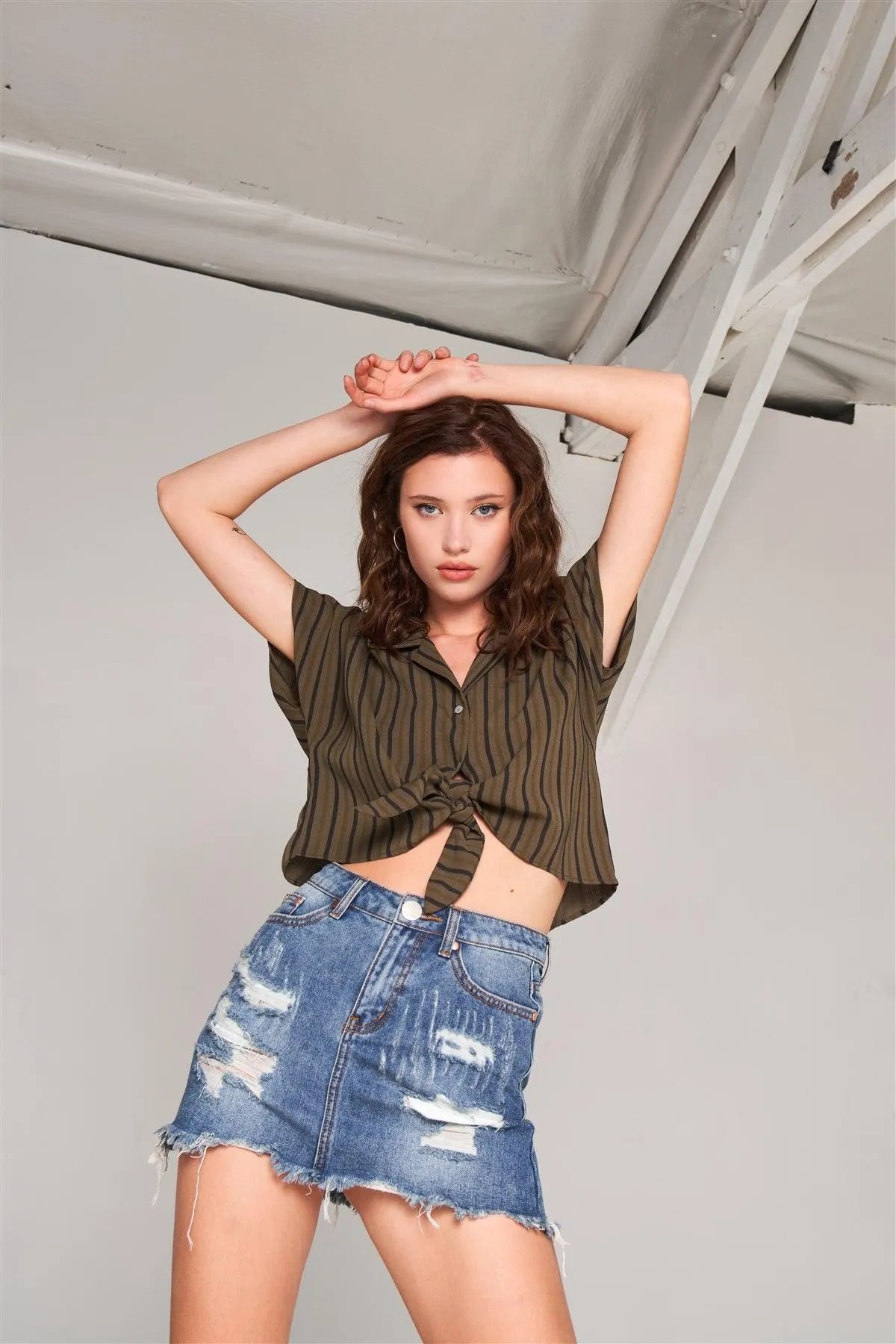 Olive & Black Striped Collared Short Sleeve Self-Tie Front Cropped Top /3-2-1 - Tasha Apparel Wholesale