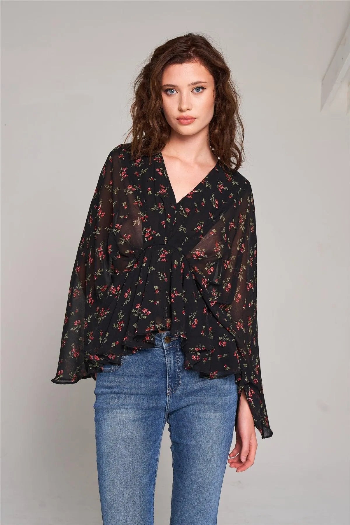 Black Floral Print V-Neck Angel Sleeve Gathered Waist Detail Blouse /3-2-1 - Tasha Apparel Wholesale