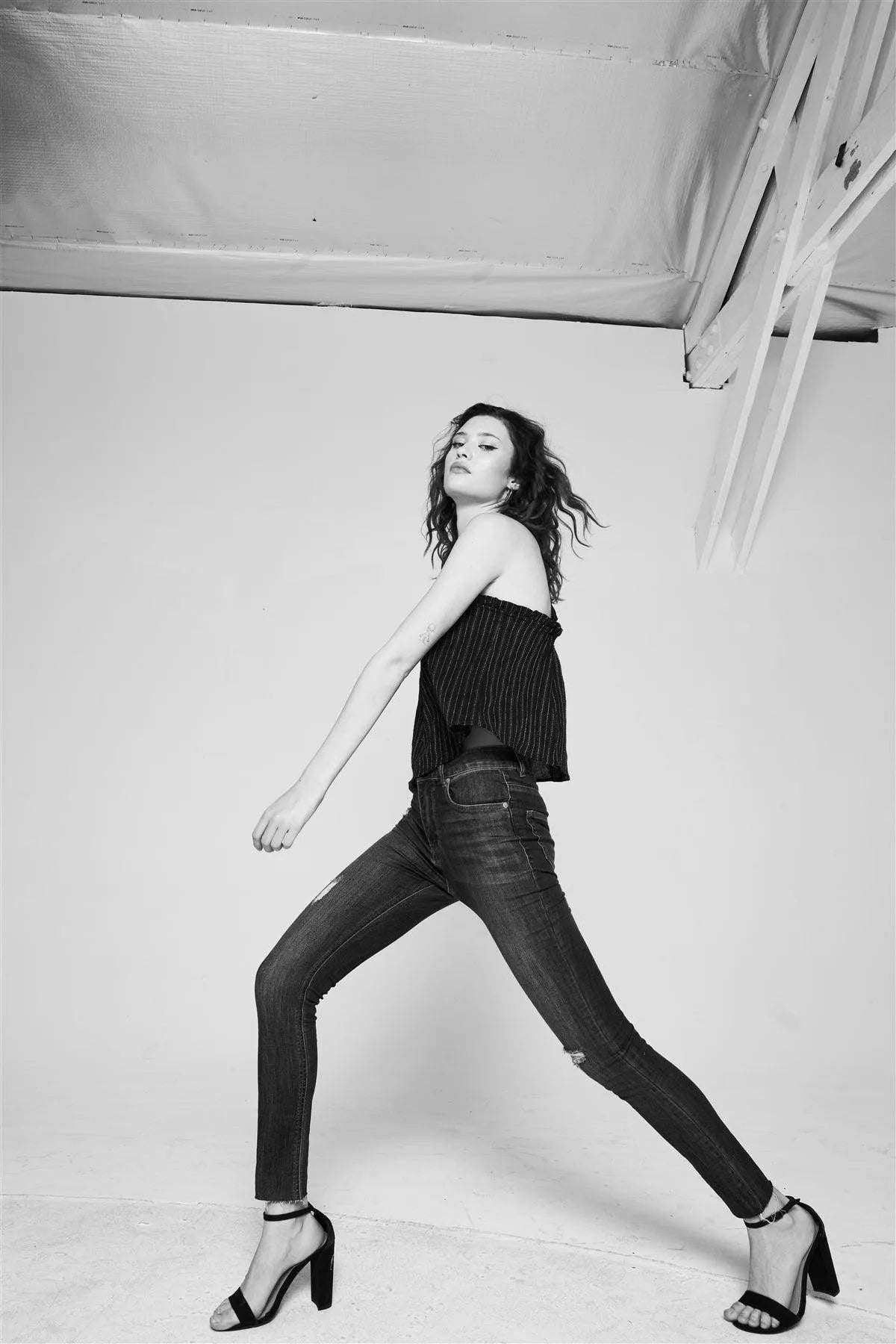 Black Stripped Sleeveless Square Neck Criss-Cross Back Detail Frill Apron Top /3-2-1 - Tasha Apparel Wholesale