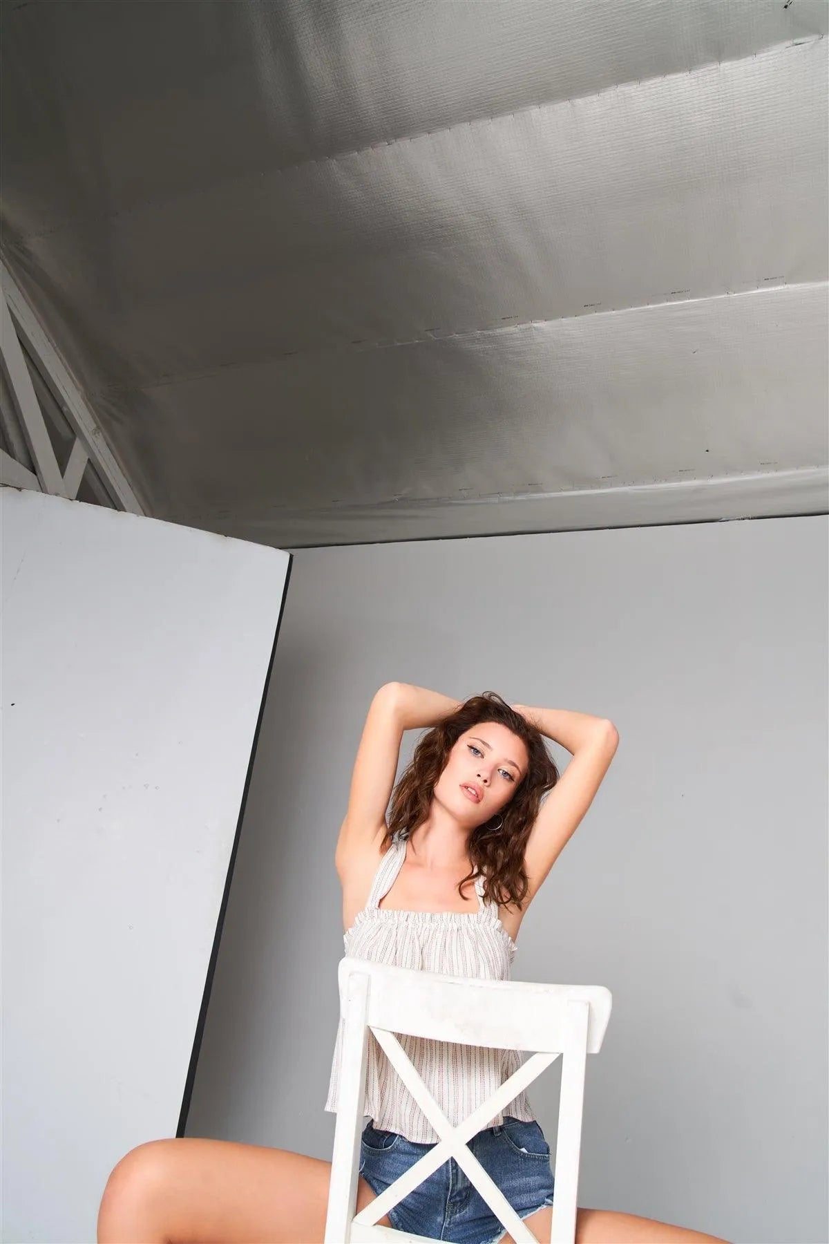 Cream Stripped Sleeveless Square Neck Criss-Cross Back Detail Frill Apron Top /3-2-1 - Tasha Apparel Wholesale