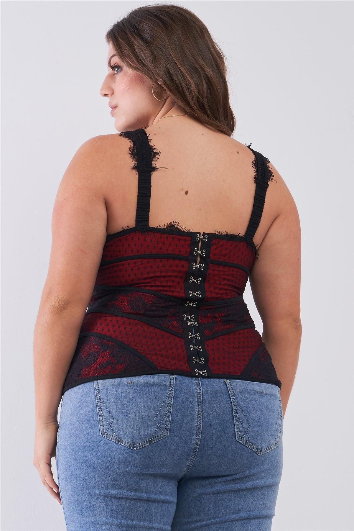 Junior Plus Size Red & Black Sleeveless Polka Dot Pattern Lace Mesh Corseted Top