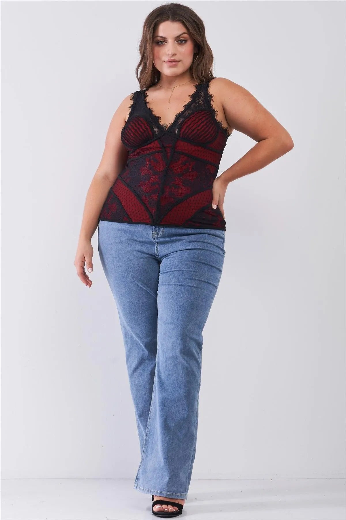 Junior Plus Size Red & Black Sleeveless Polka Dot Pattern Lace Mesh Corseted Top /2-2-2 - Tasha Apparel Wholesale
