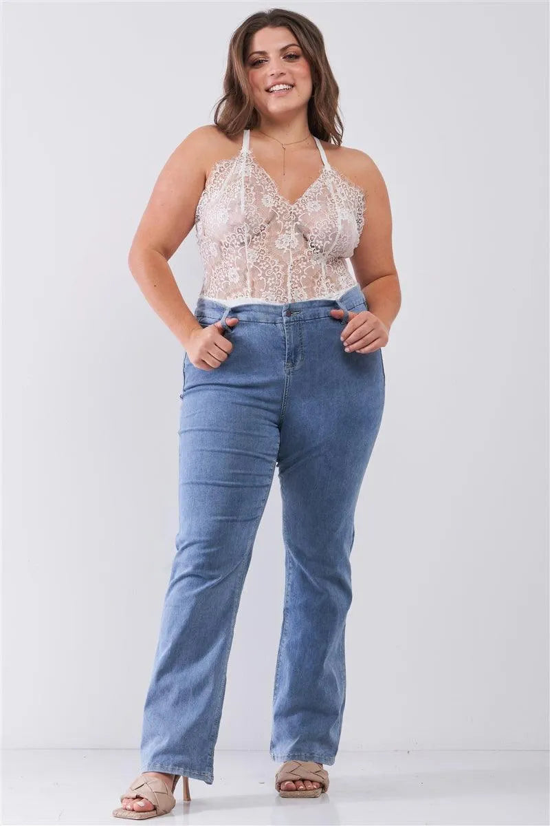 Junior Plus Size White Sheer Lace Sleeveless V-Neck Criss-Cross Back Strap Unlined Bodysuit /2-2-2 - Tasha Apparel Wholesale