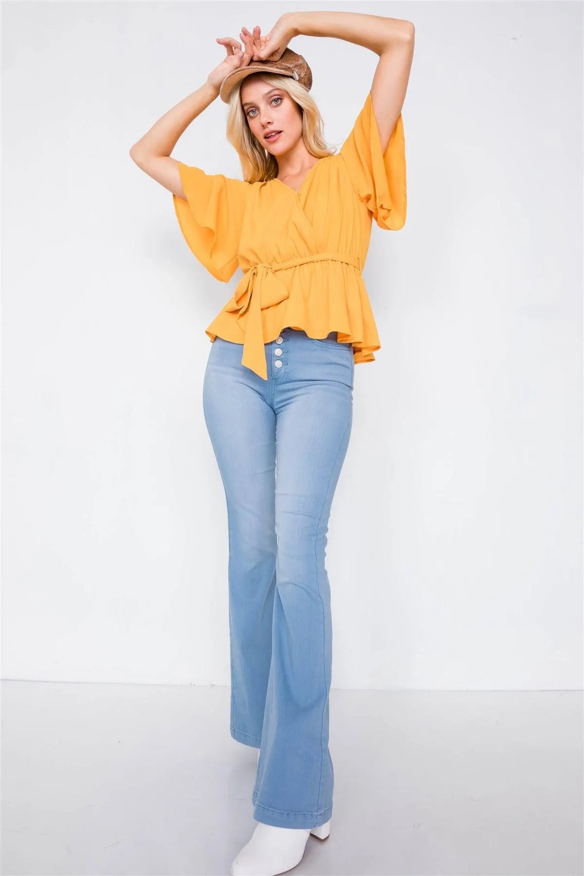 Mustard V-Neck Short Flounce Sleeve Chic Blouse /2-2-2 - Tasha Apparel Wholesale