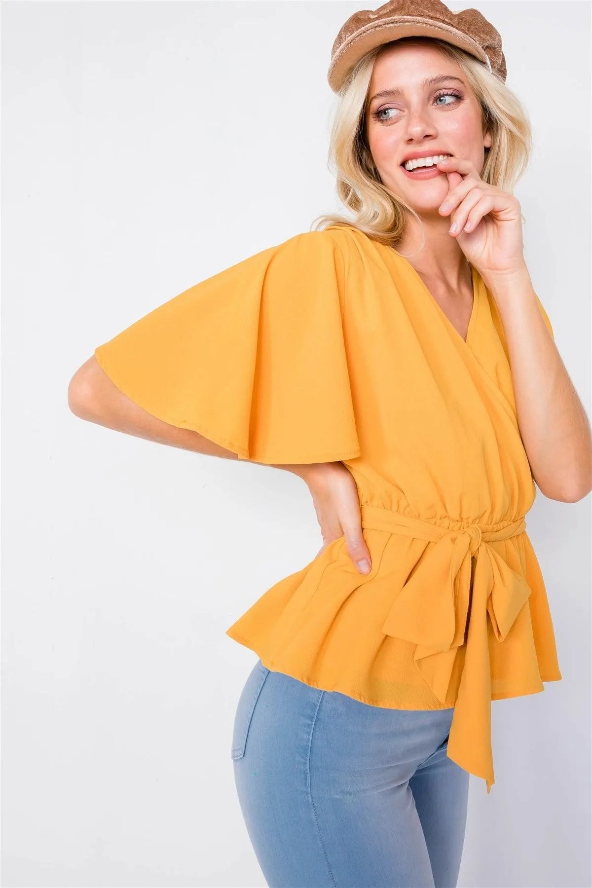 Mustard V-Neck Short Flounce Sleeve Chic Blouse /1-3-2 - Tasha Apparel Wholesale