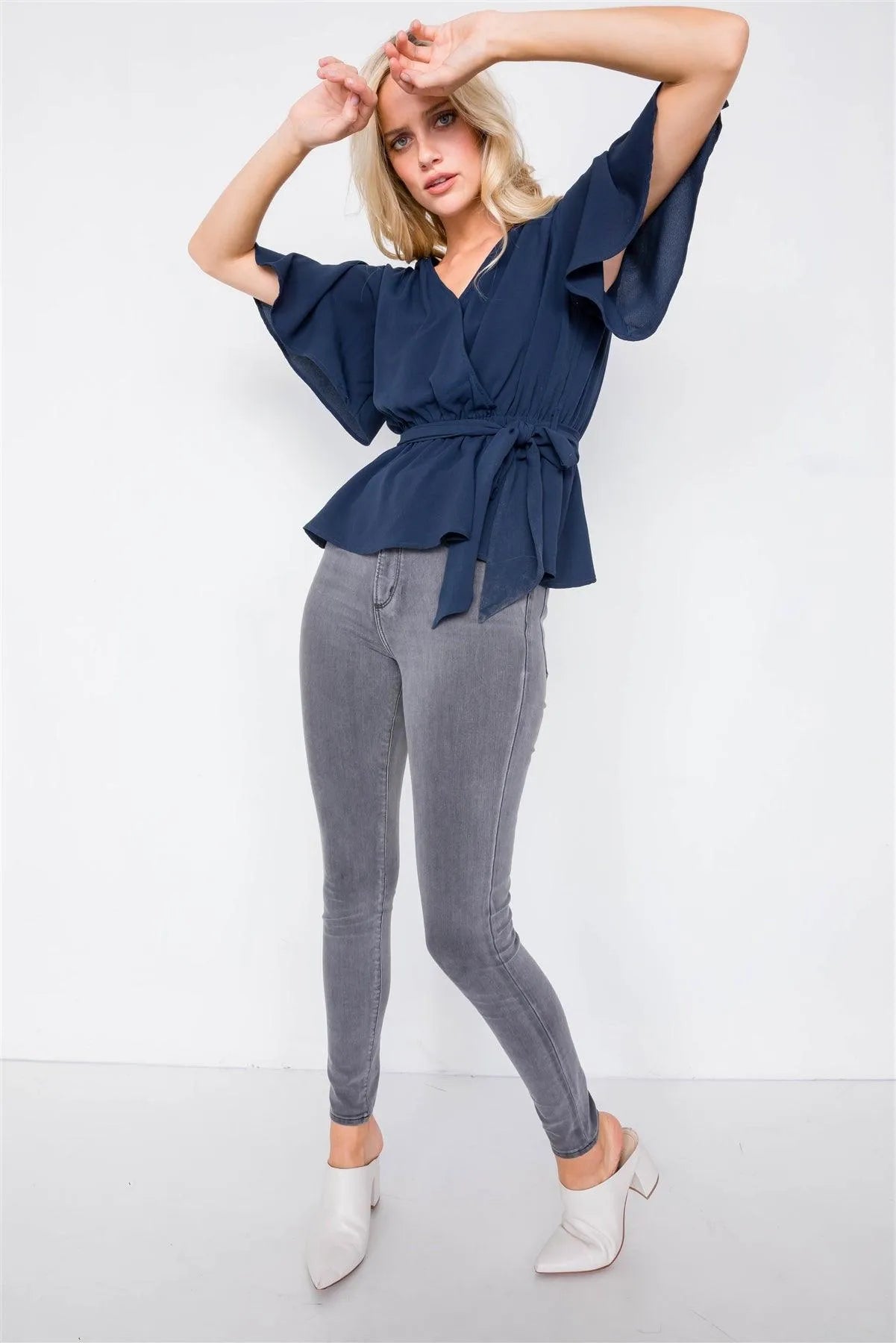 Navy V-Neck Short Flounce Sleeve Chic Blouse /2-2-2 - Tasha Apparel Wholesale