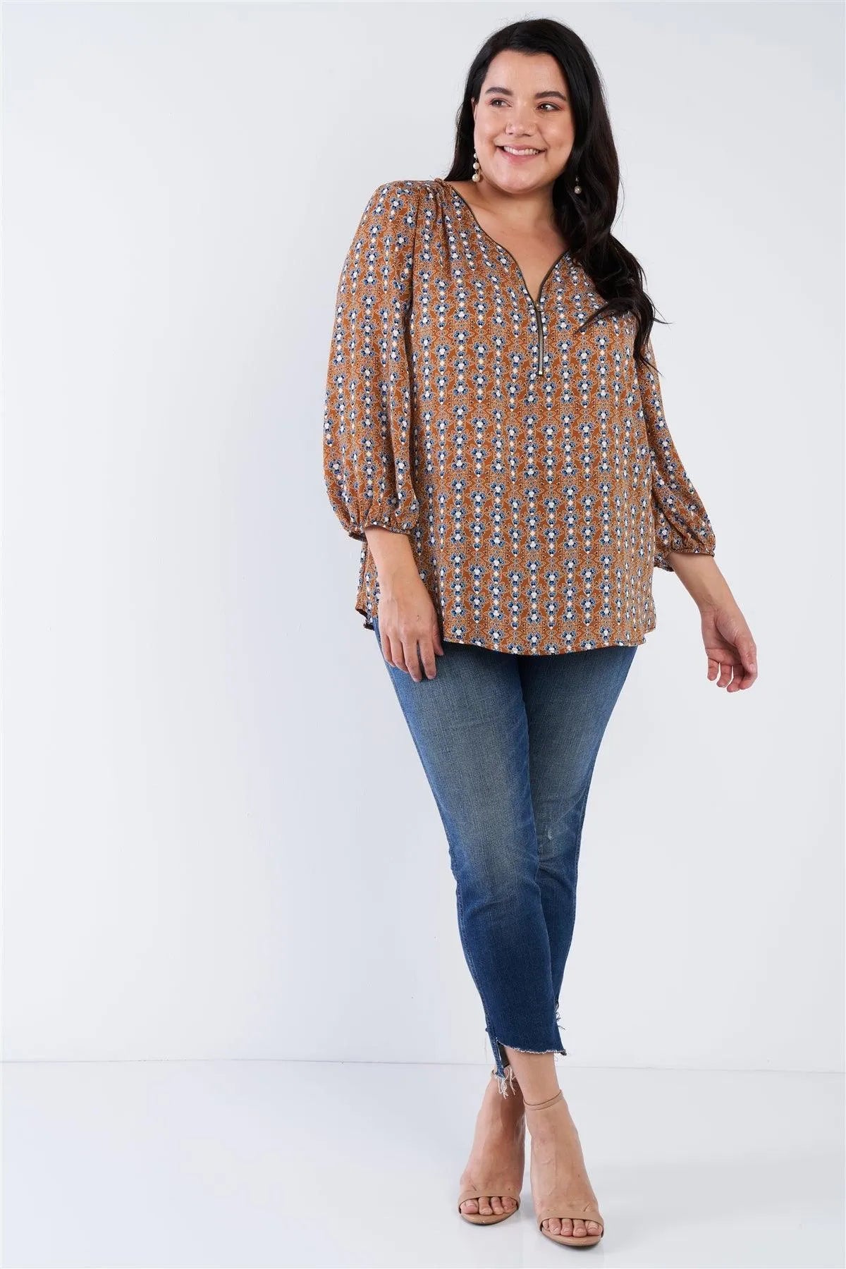 Navy Mustard Multi Print Woven Plus Size Top /2-1-2 - Tasha Apparel Wholesale