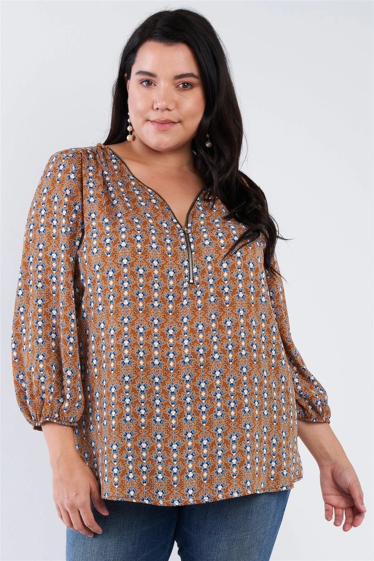 Navy Mustard Multi Print Woven Plus Size Top /2-2-2 - Tasha Apparel Wholesale
