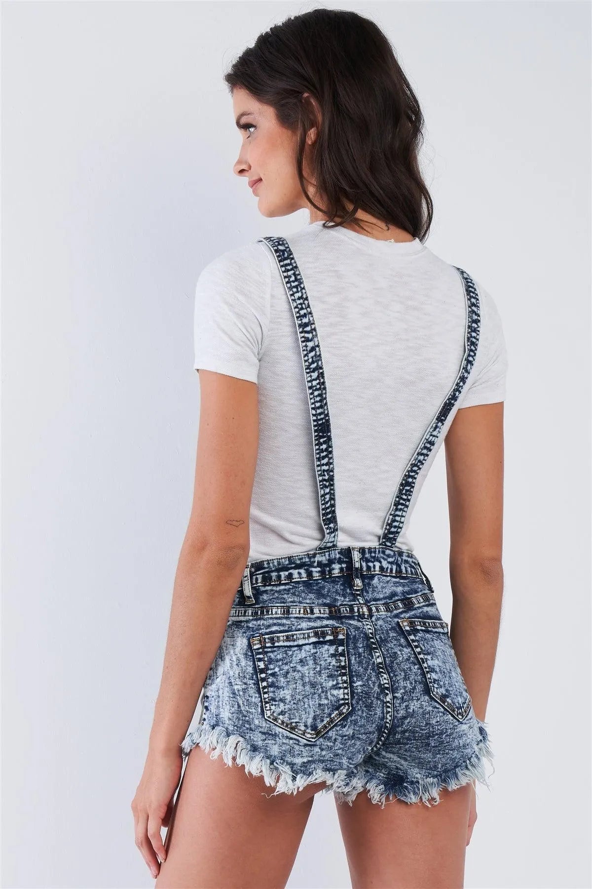 Denim Acid Washed Fringed Mini Short Overall /2-2-2 - Tasha Apparel Wholesale