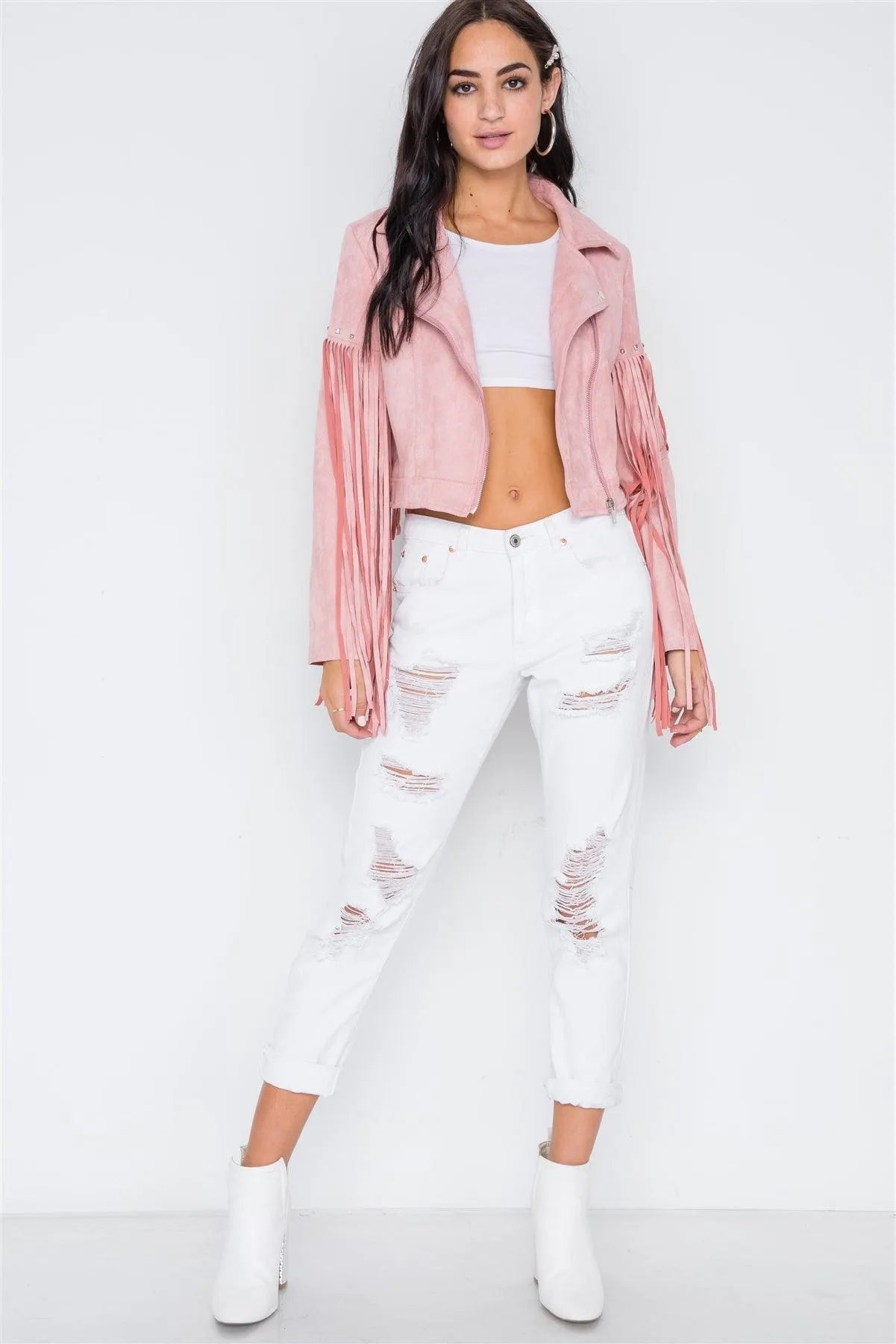 Pink Fringe Studded Faux Suede Moto Jacket /3-2-2 - Tasha Apparel Wholesale
