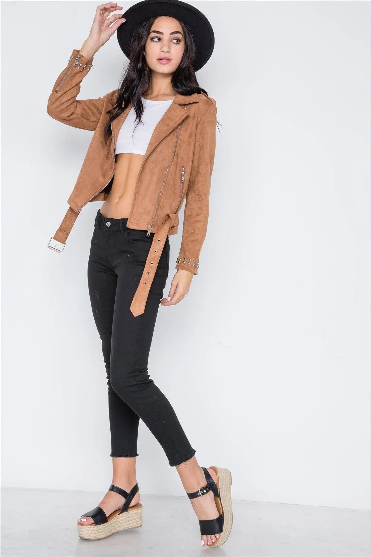 Camel Studded Embroidery Faux Suede Moto Jacket /2-2-2 - Tasha Apparel Wholesale