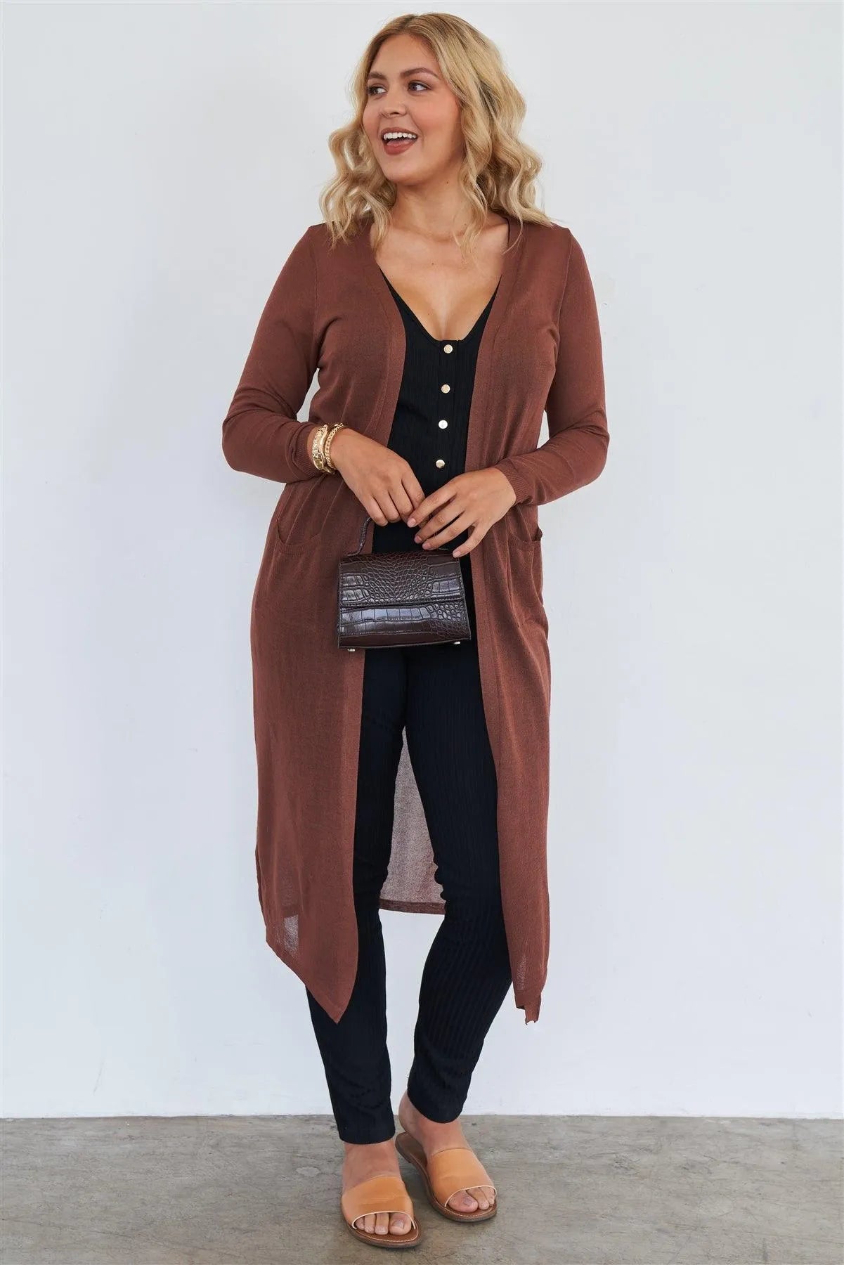 Junior Plus Size Brown Floor Length Cardigan - Tasha Apparel Wholesale