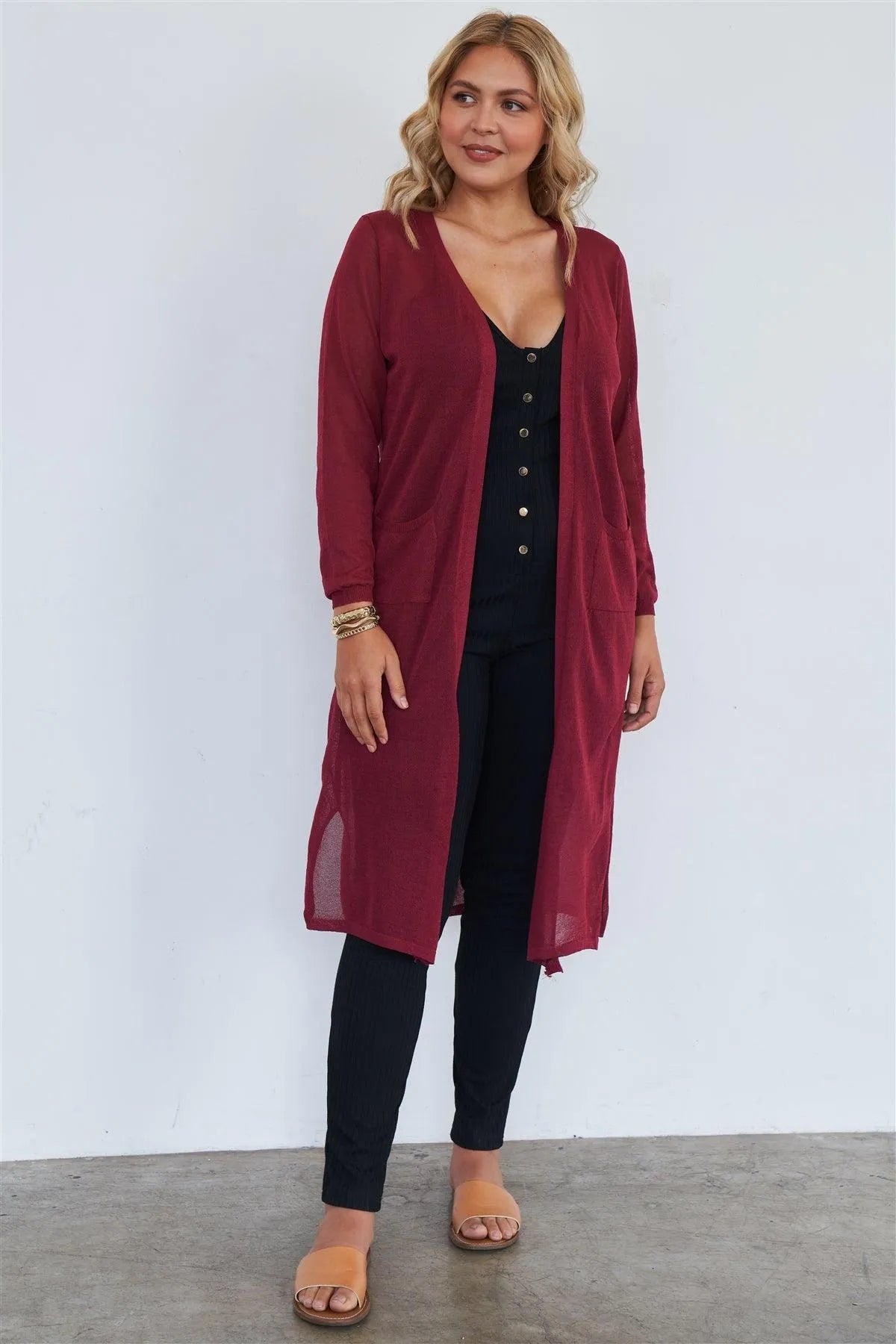 Junior Plus Burgundy Floor Length Cardigan - Tasha Apparel Wholesale
