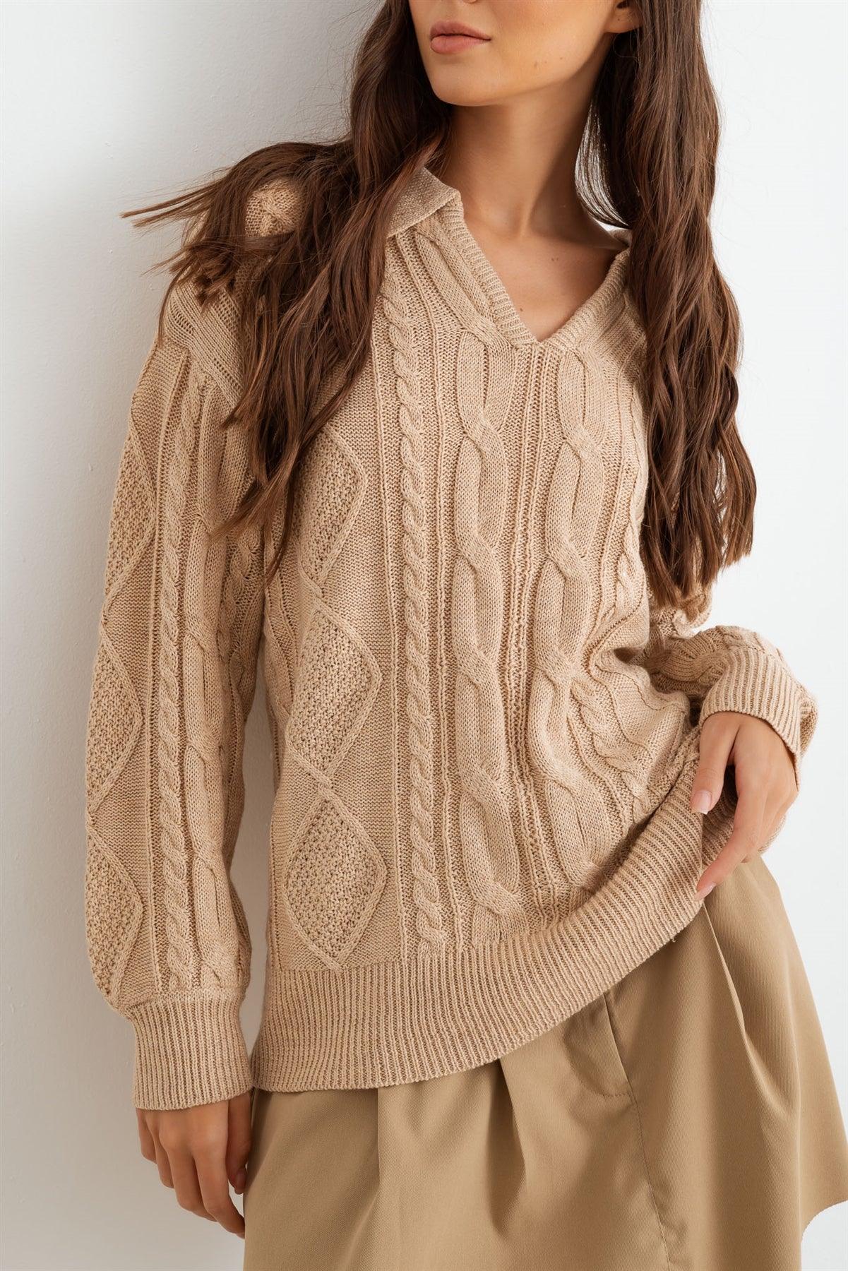 Oatmeal Cable Knit Collared Neck Long Sleeve Sweater /2-2-2