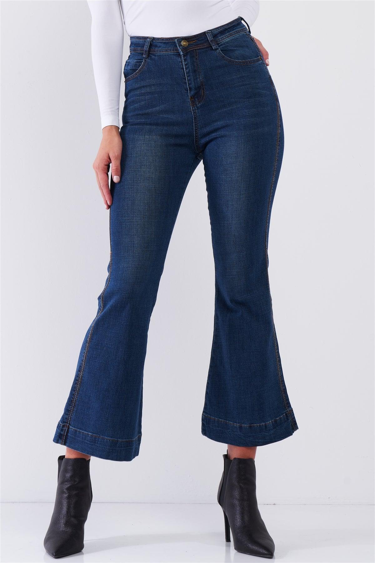 Blue Denim High Waisted Ankle Length Bell Bottom Flare Jeans