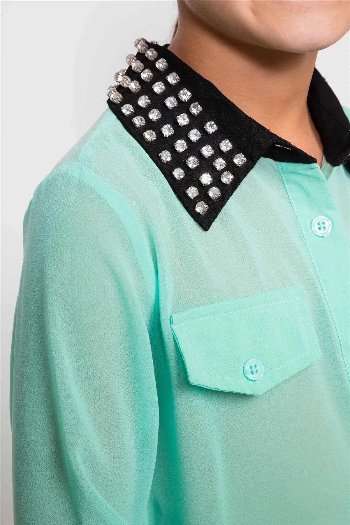 Girls Mint Sheer Rhinestone Collar Top / 1-2-2-1 - Tasha Apparel Wholesale