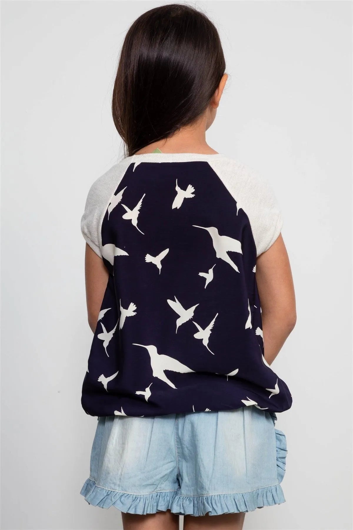 Girls Navy And Ivory Bird Print Top / 1-2-2-1 - Tasha Apparel Wholesale