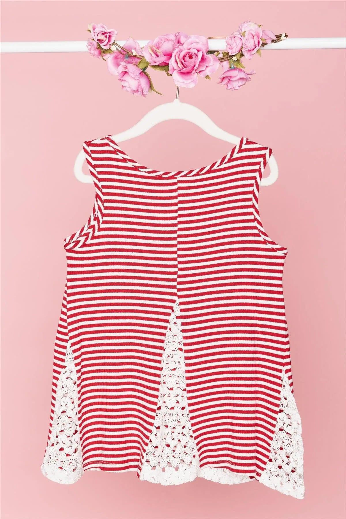 Girls Red White Stripped Sleeveless Lace Detail Top /2-2-2-1 - Tasha Apparel Wholesale