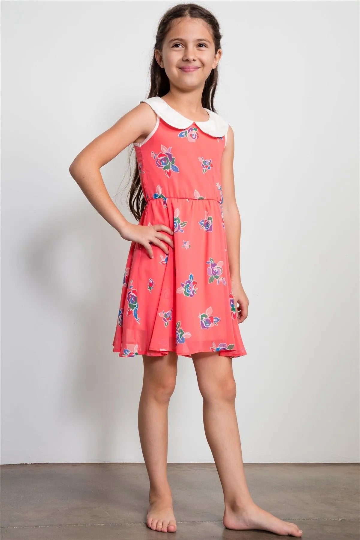 Girls Coral Floral Print Dress / 1-2-2-1 - Tasha Apparel Wholesale