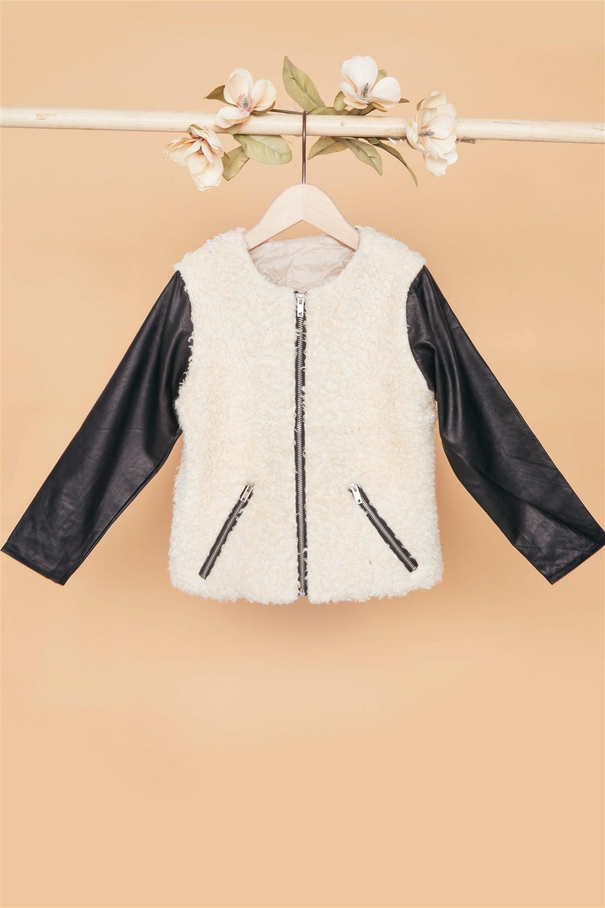 Girls Ivory Black Faux Shearling Contrast Sleeves Jacket