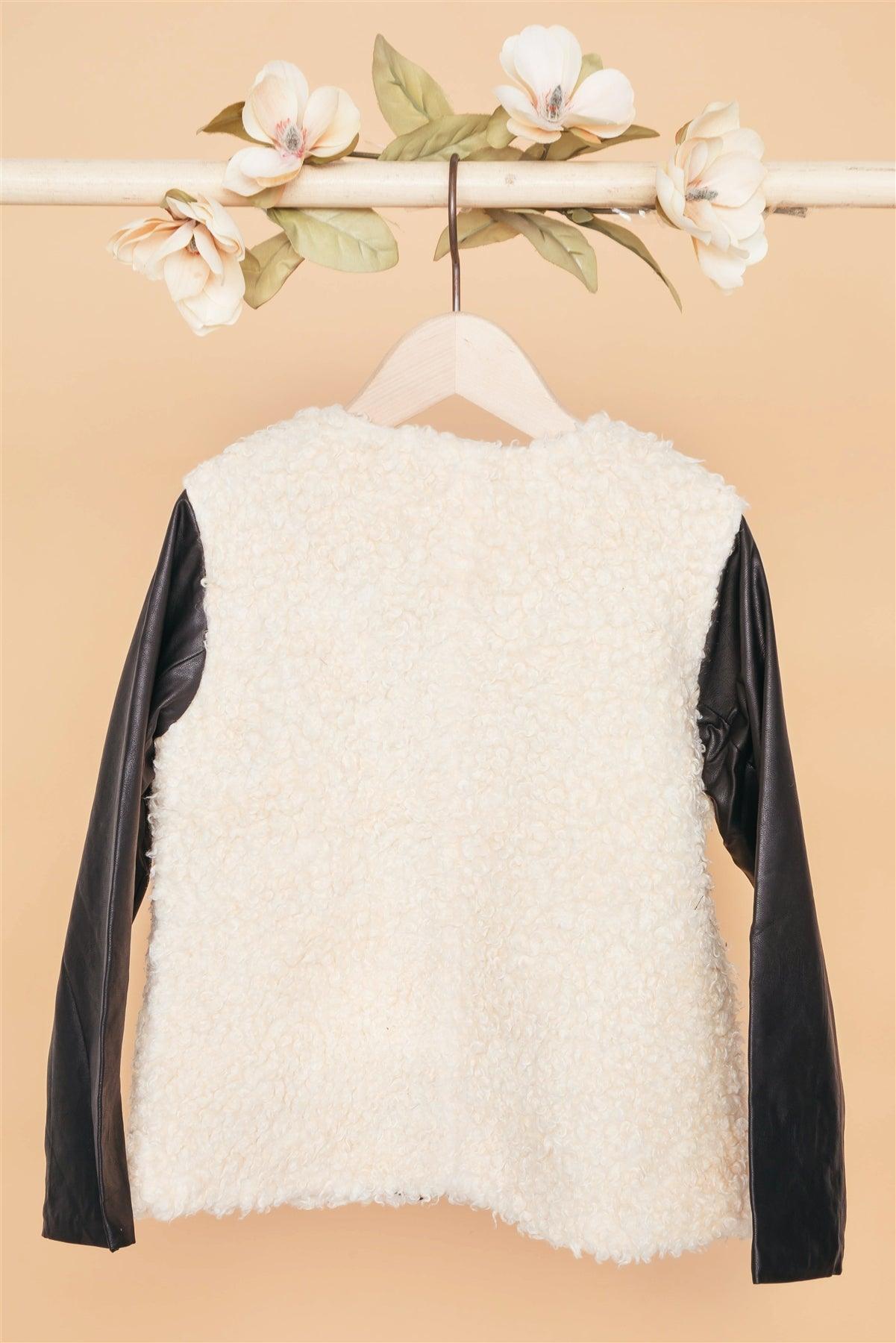 Girls Ivory Black Faux Shearling Contrast Sleeves Jacket