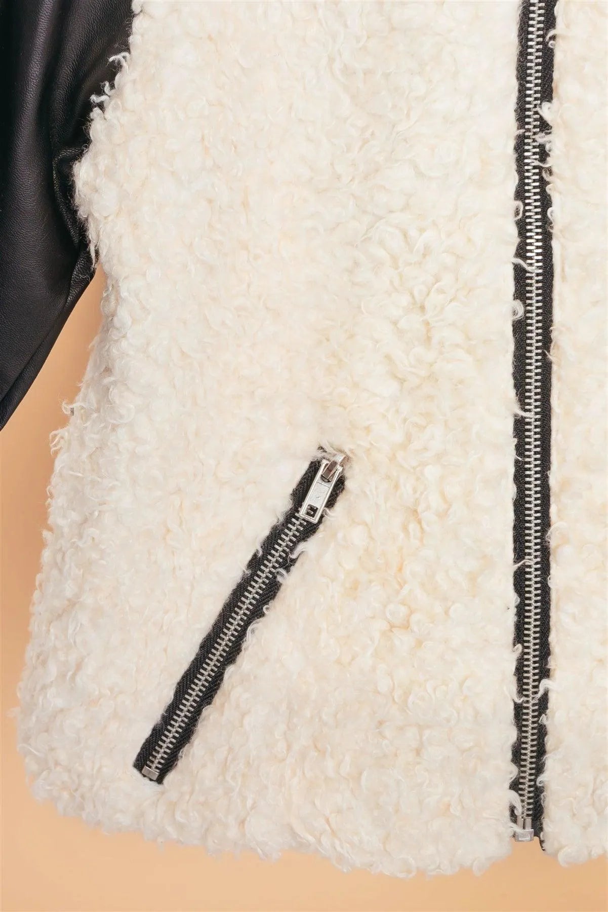 Girls Ivory Black Faux Shearling Contrast Sleeves Jacket - Tasha Apparel Wholesale