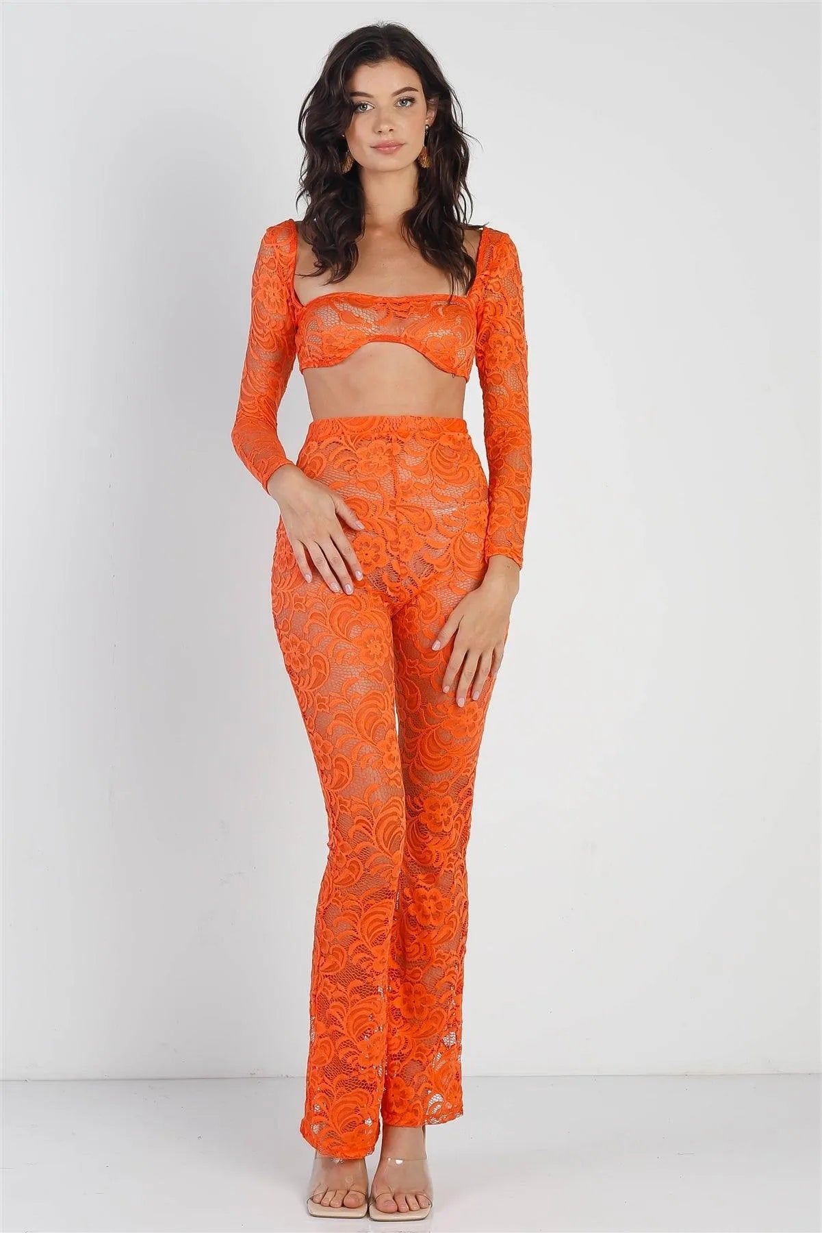Orange Sheer Floral Lace Crop Square Neck Top & High Waist Flare Pant Set /4-2-1 - Tasha Apparel Wholesale