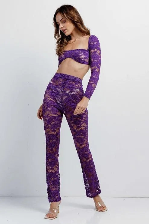 Purple Sheer Floral Lace Crop Square Neck Top & High Waist Flare Pant Set /3-1-1 - Tasha Apparel Wholesale
