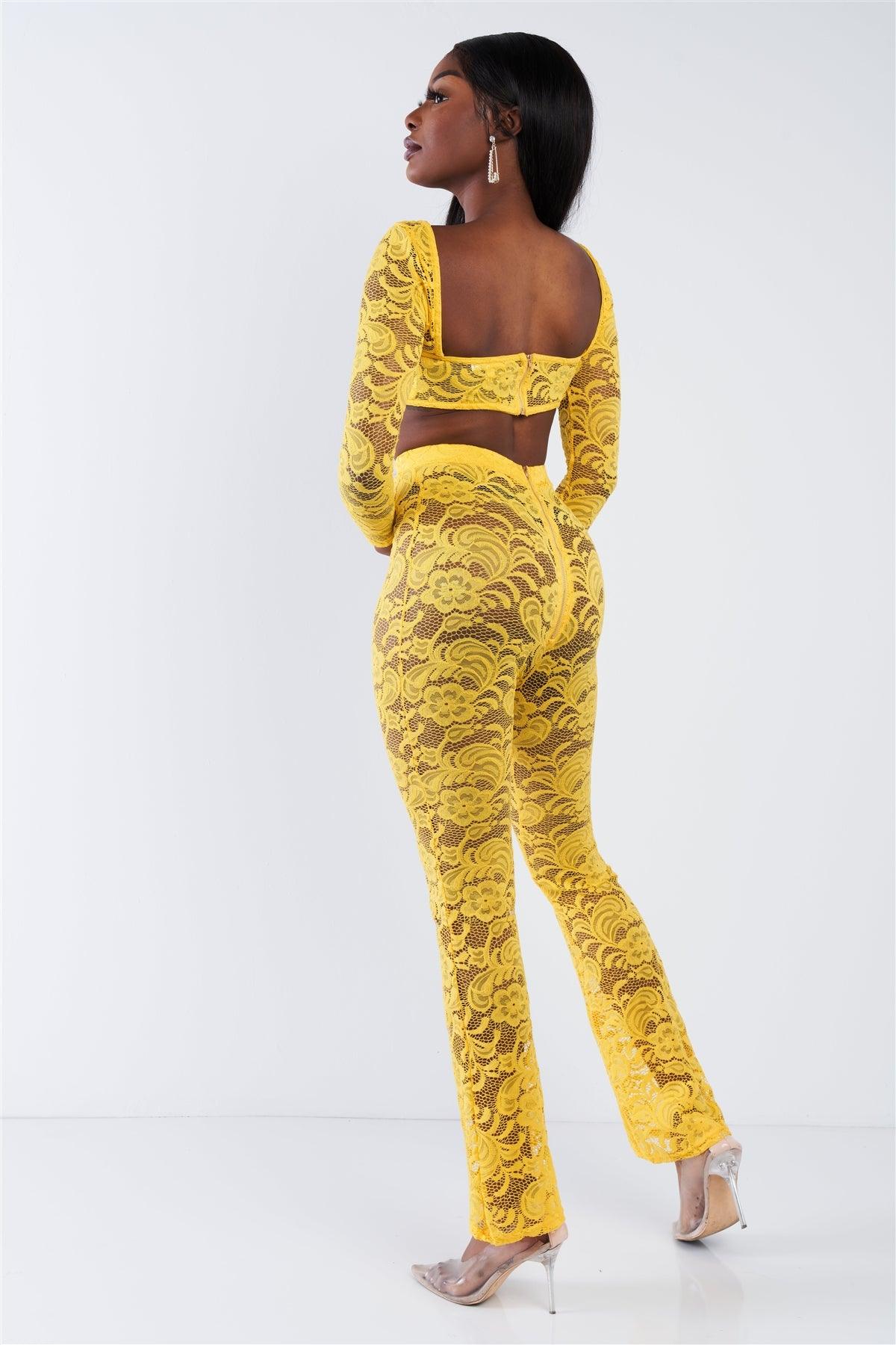 Yellow Sheer Floral Lace Crop Square Neck Top & High Waist Flare Pant Set