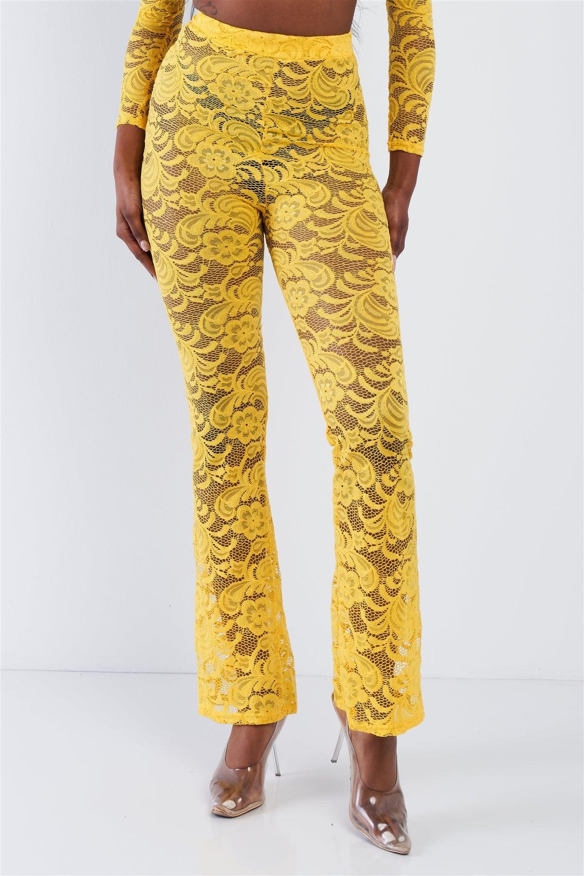 Yellow Sheer Floral Lace Crop Square Neck Top & High Waist Flare Pant Set
