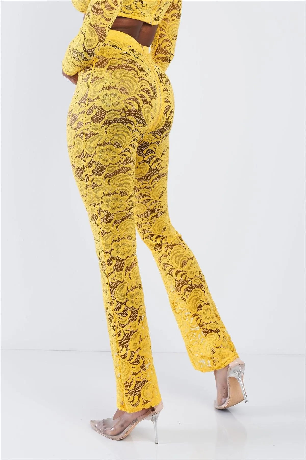 Yellow Sheer Floral Lace Crop Top & Flare Pant Set - Tasha Apparel Wholesale