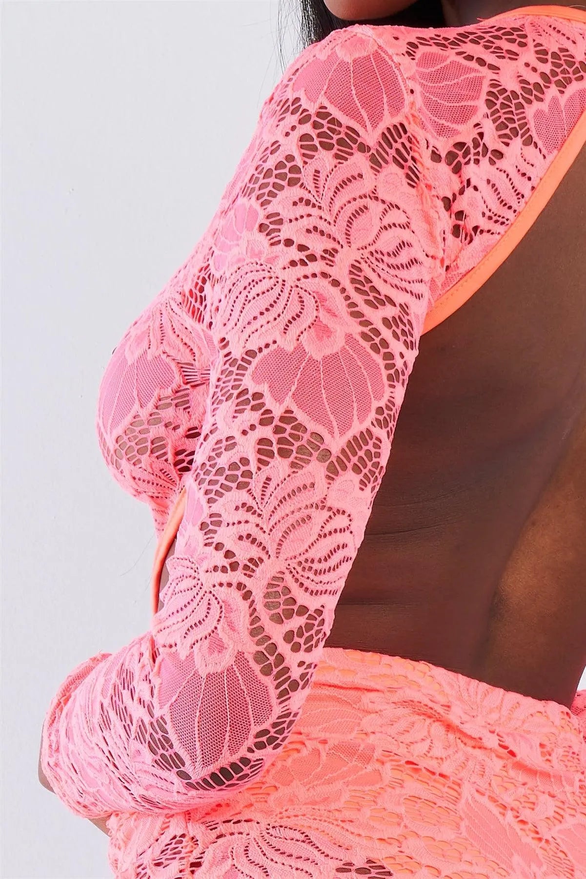 Neon Pink Sheer Floral Lace Open Back Mini Dress - Tasha Apparel Wholesale