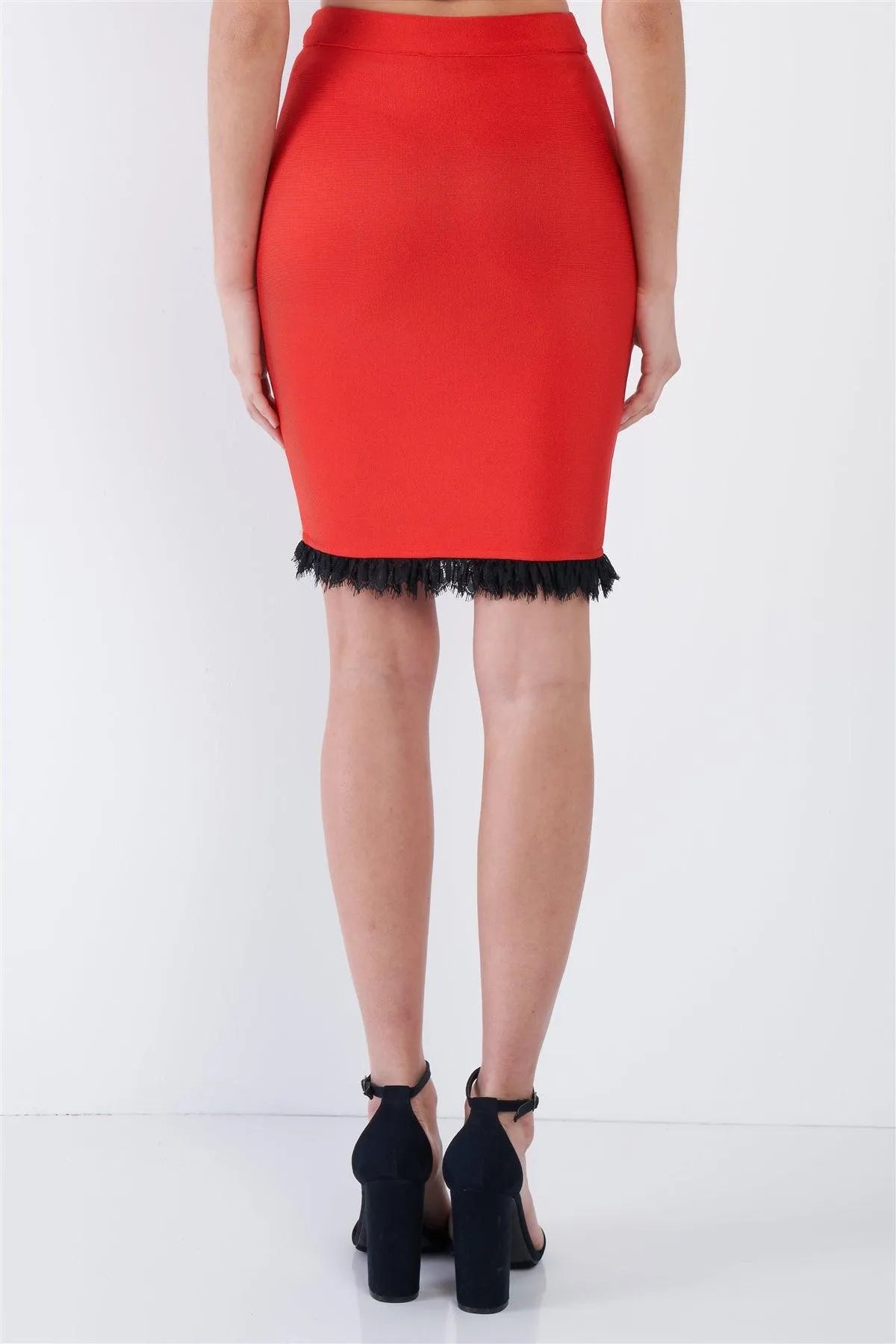 Red Off-The Shoulder Crop & Eyelash Lace Trim Asymmetrical Mini Skirt Set /2-2-2 - Tasha Apparel Wholesale