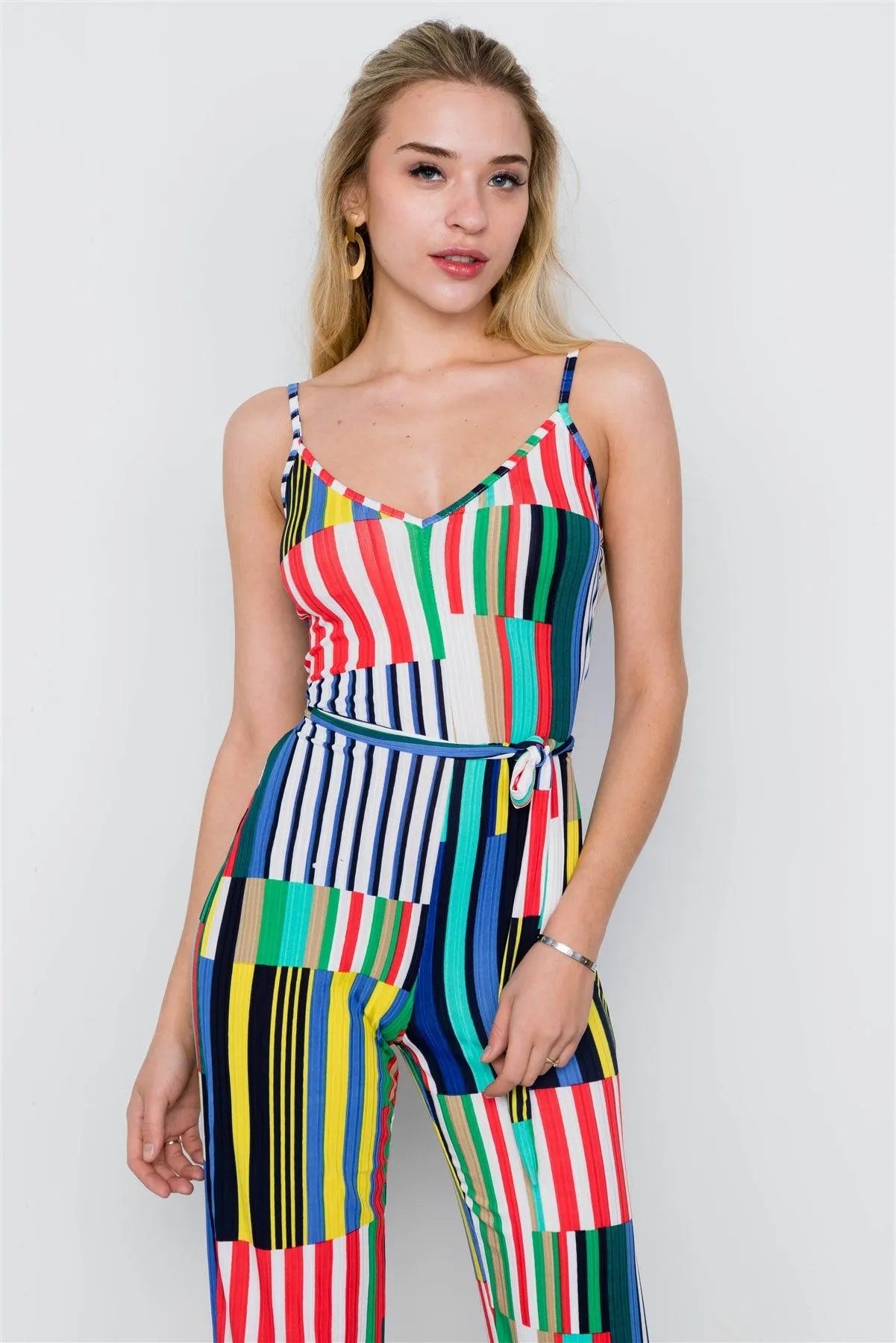 Multi Blue Color Block Cami Bodycon Wide Leg Jumpsuit / 2-2-2 - Tasha Apparel Wholesale