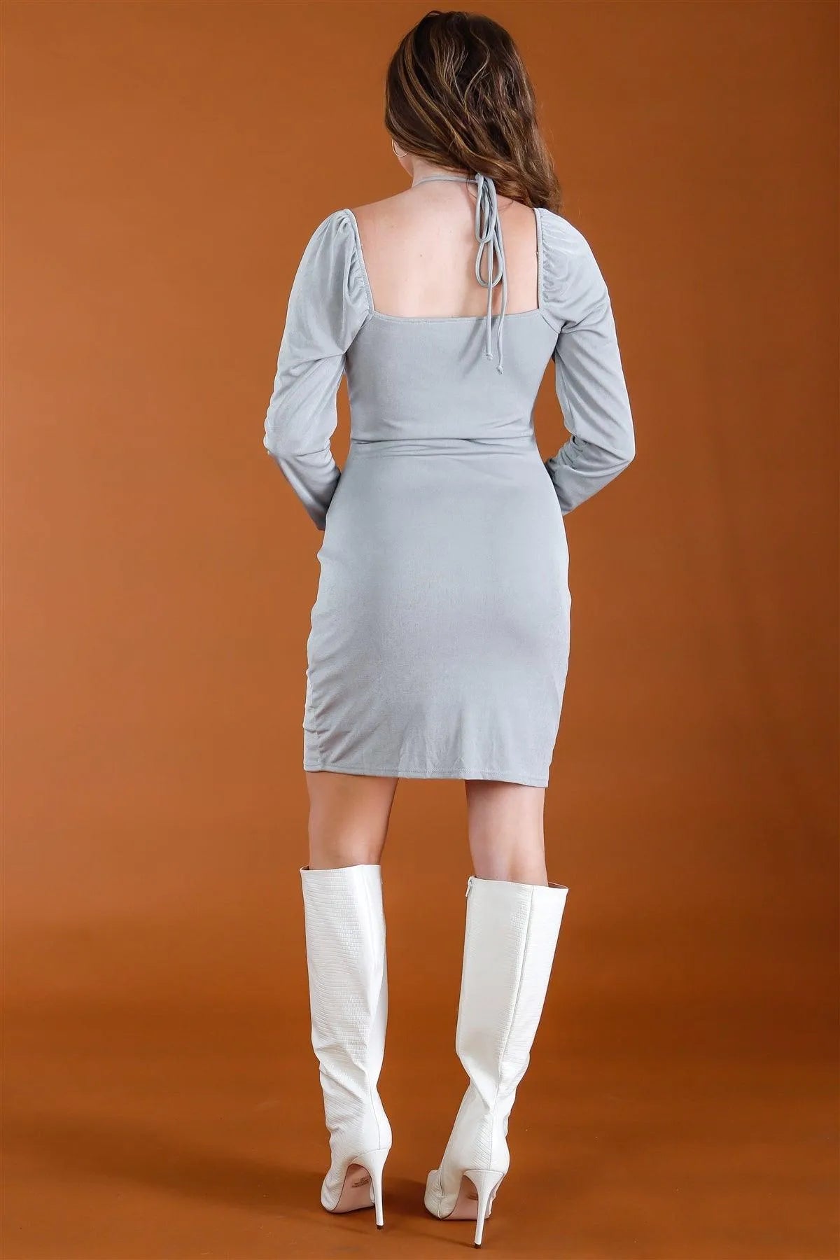 Grey Satin Effect Self-Tie Neck Detail Long Sleeve Mini Dress /3-2-1 - Tasha Apparel Wholesale