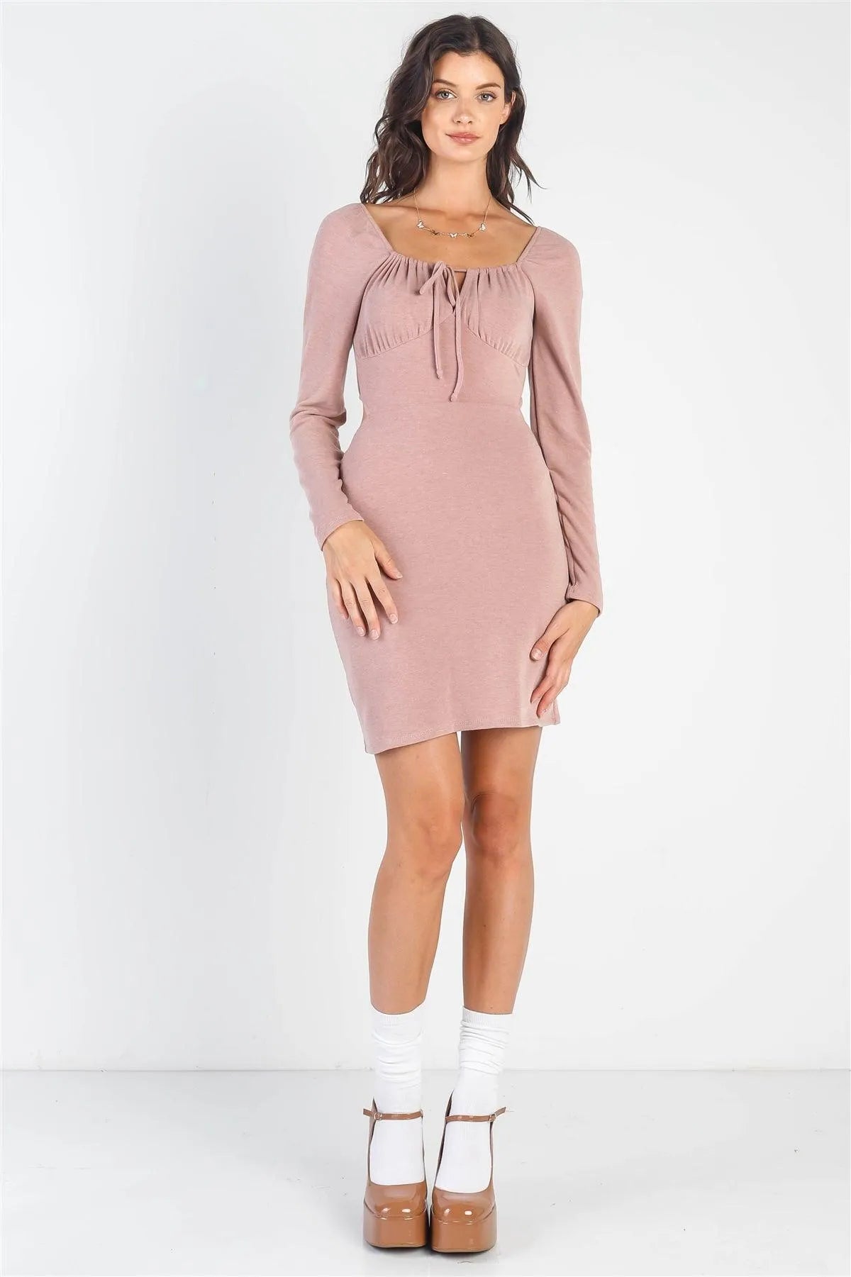 Dusty-Mauve Bust Self-Tie Cut-Out Long Sleeve Mini Dress /3-2-1 - Tasha Apparel Wholesale