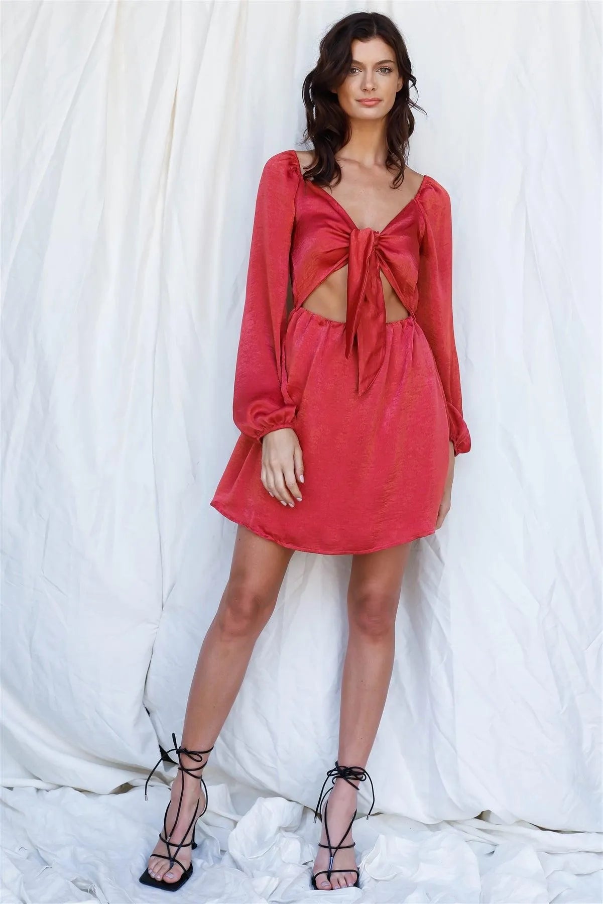 Marsala Red Textured Satin Effect Cut-Out Self-Tie Detail Mini Dress /3-2-1 - Tasha Apparel Wholesale