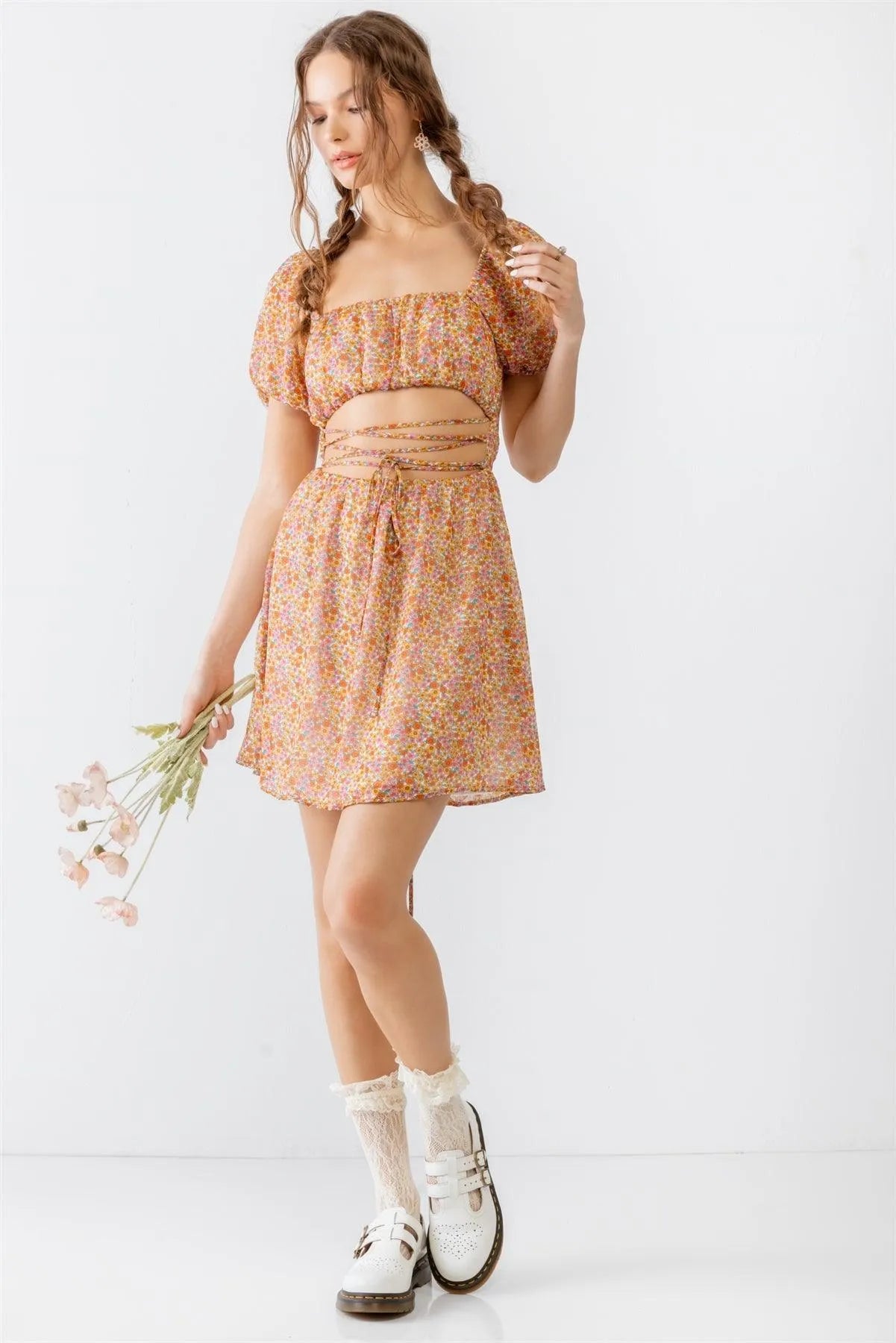 Yellow & Orange Flower Lace Down Puff Short Sleeve Mini Dress /3-2-1 - Tasha Apparel Wholesale