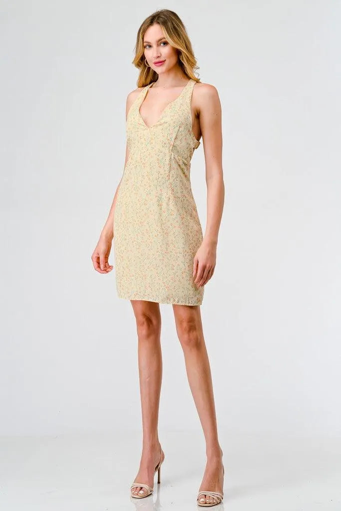 Yellow Floral Sleeveless V-Neck Criss-Cross Back Mini Dress /3-2-1 - Tasha Apparel Wholesale