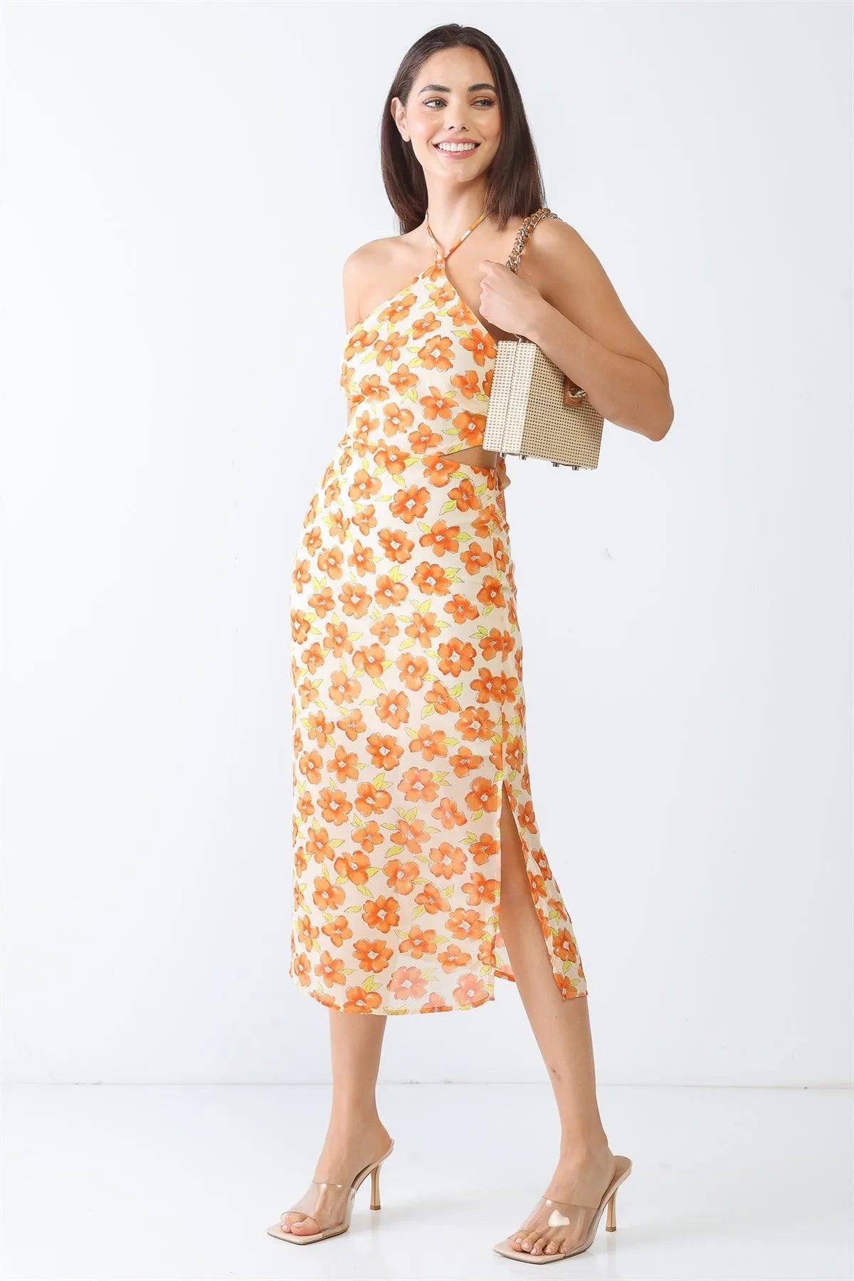 Ivory & Orange Floral Print Sleeveless Halter Neck Midi Dress /3-2-1 - Tasha Apparel Wholesale