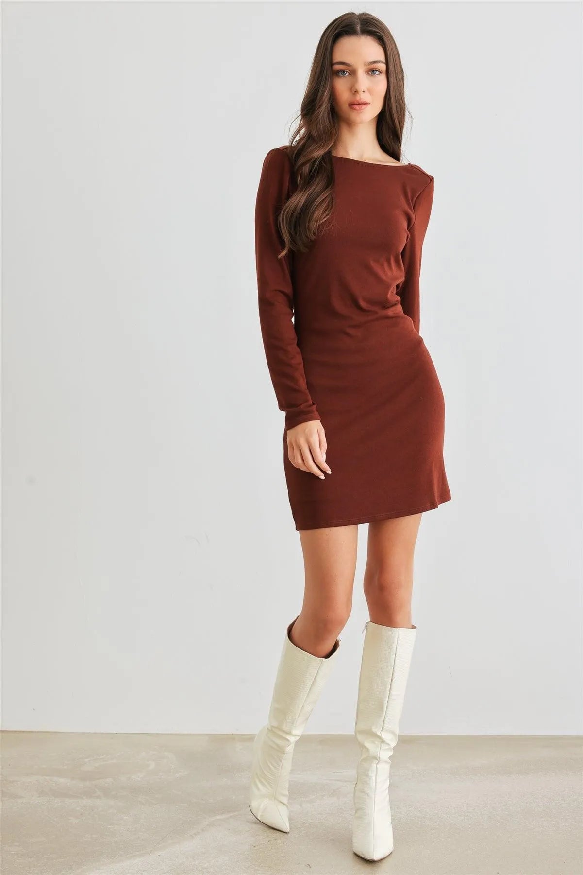 Cognac Cowl Back Long Sleeve Mini Dress /1-1-2-1 - Tasha Apparel Wholesale