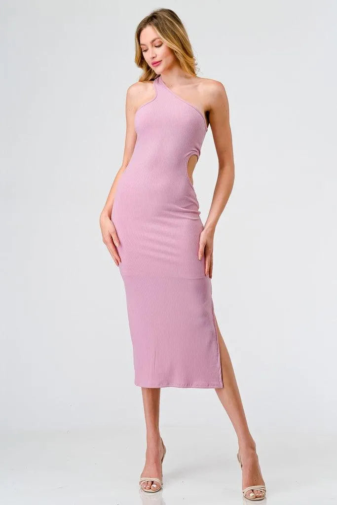 Pink Ribbed One Shoulder Cut-Out Side Midi Dress /1-2-2-1 Pink Ribbed One Shoulder Cut-Out Side Midi Dress /1-2-2-1