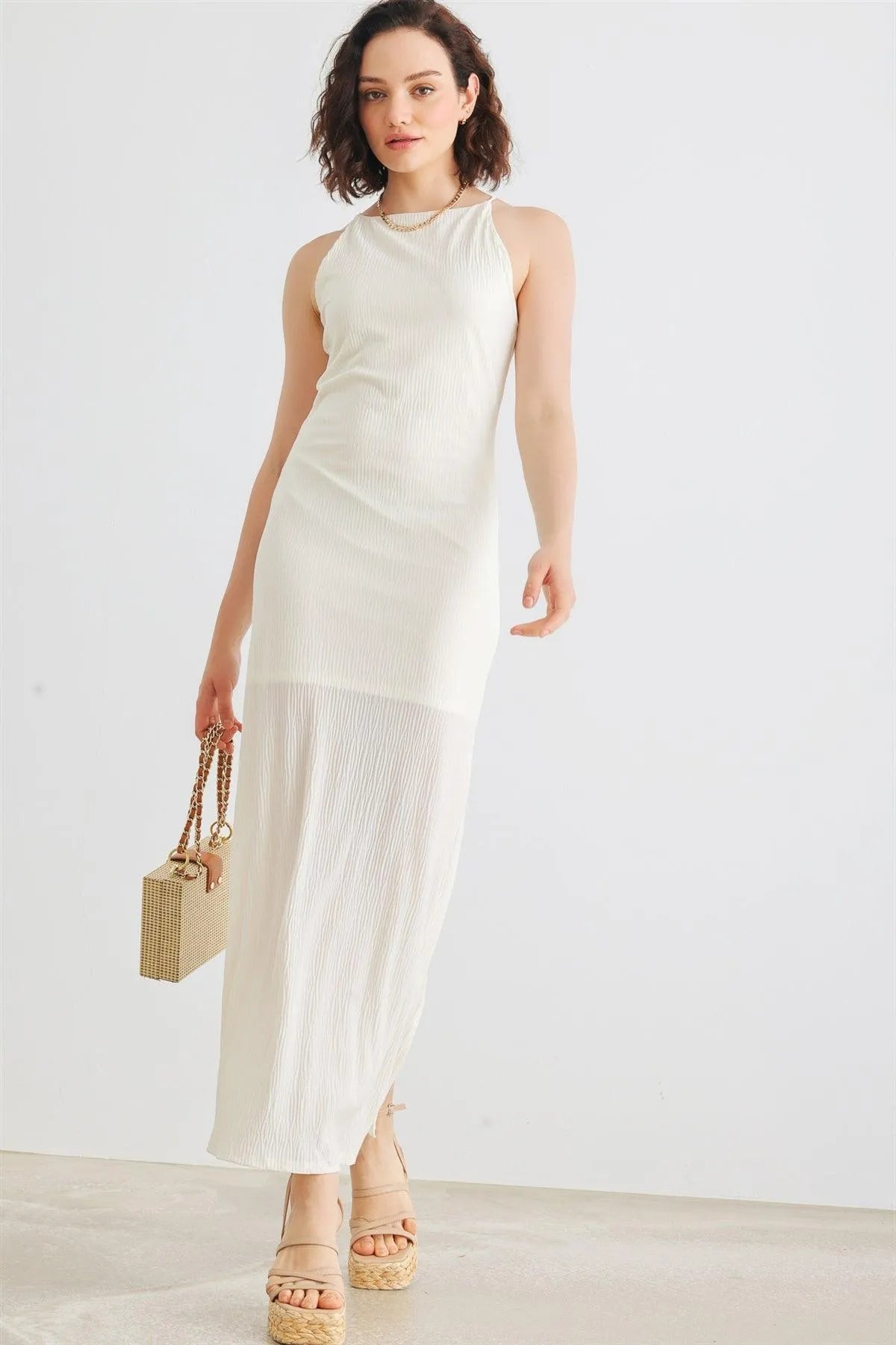 Ivory Micro-Pleat Sleeveless Midi Dress /1-2-2-1 - Tasha Apparel Wholesale