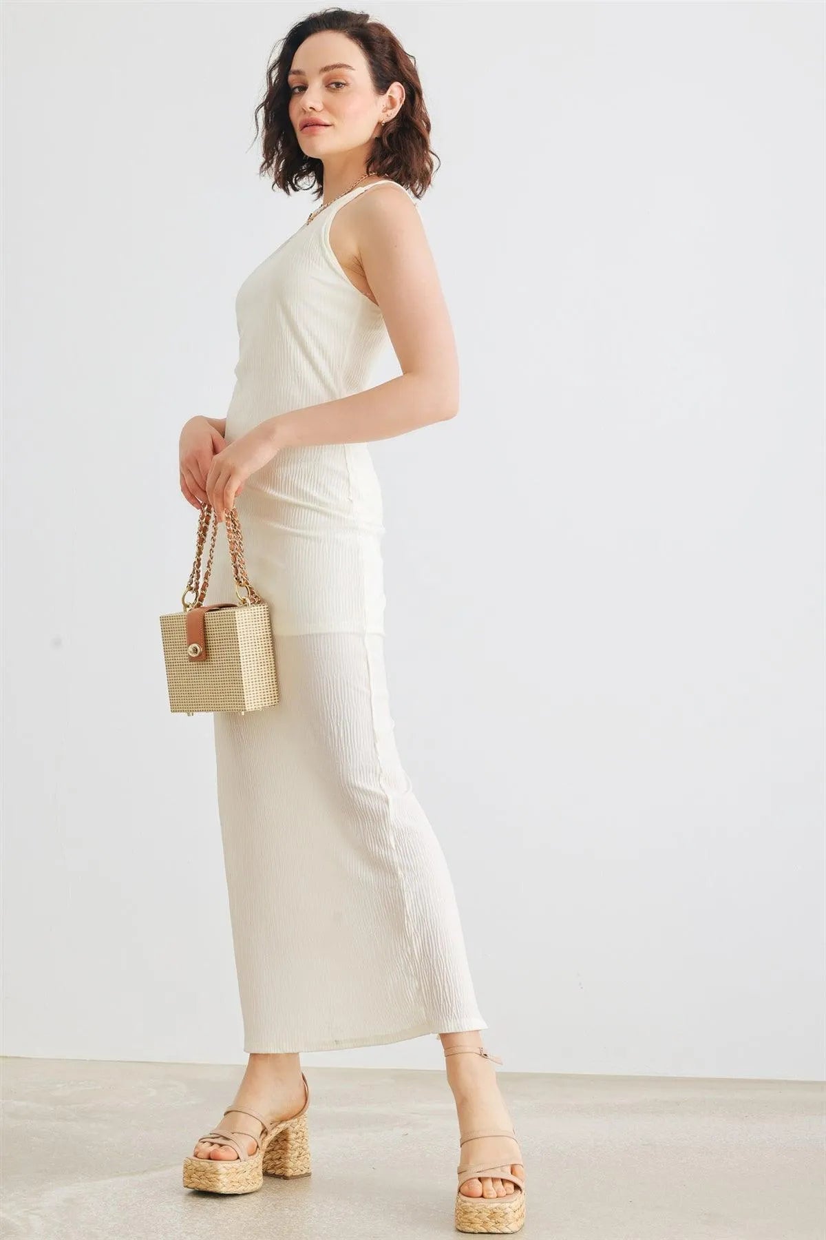 Ivory Micro-Pleat Sleeveless Midi Dress /2-1-2-1 - Tasha Apparel Wholesale