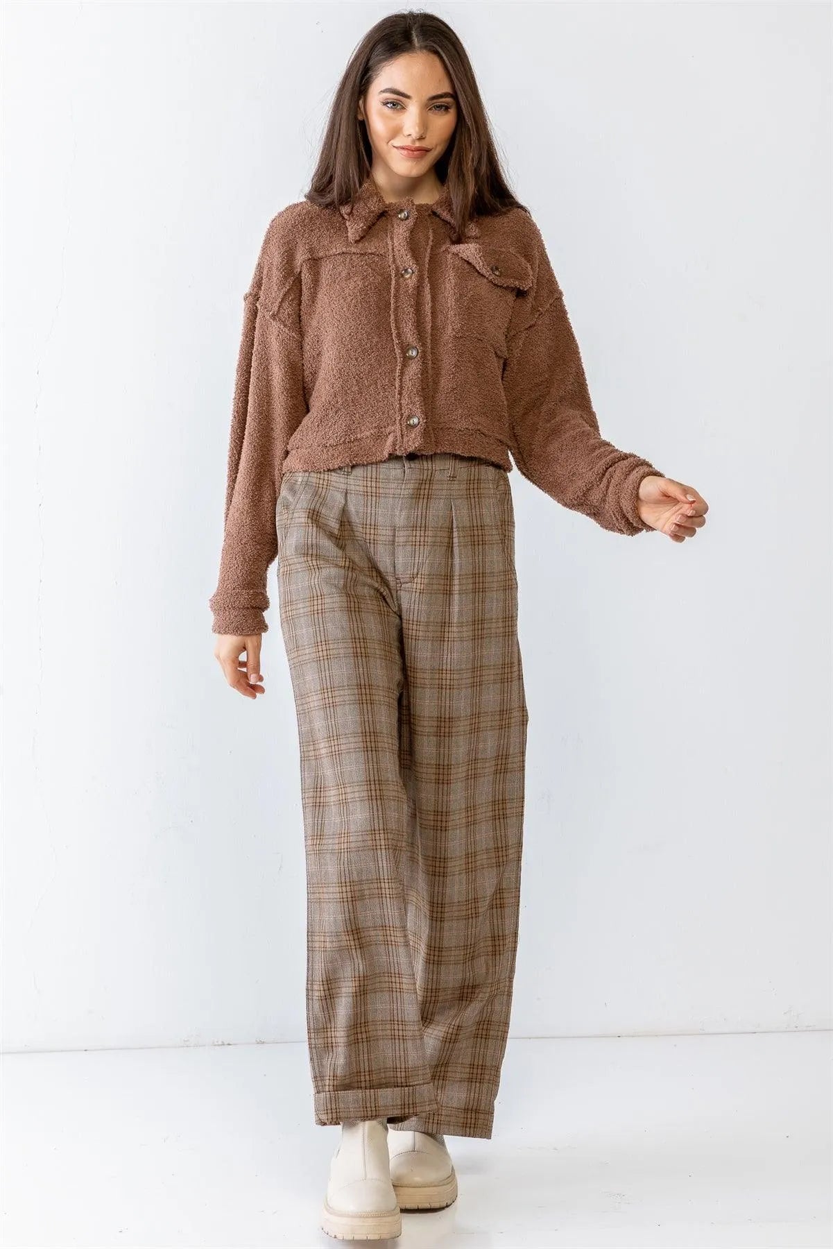 Mocha Teddy Knit Collared Neck Button-Up Two Pocket Top /1-2-2-1 - Tasha Apparel Wholesale